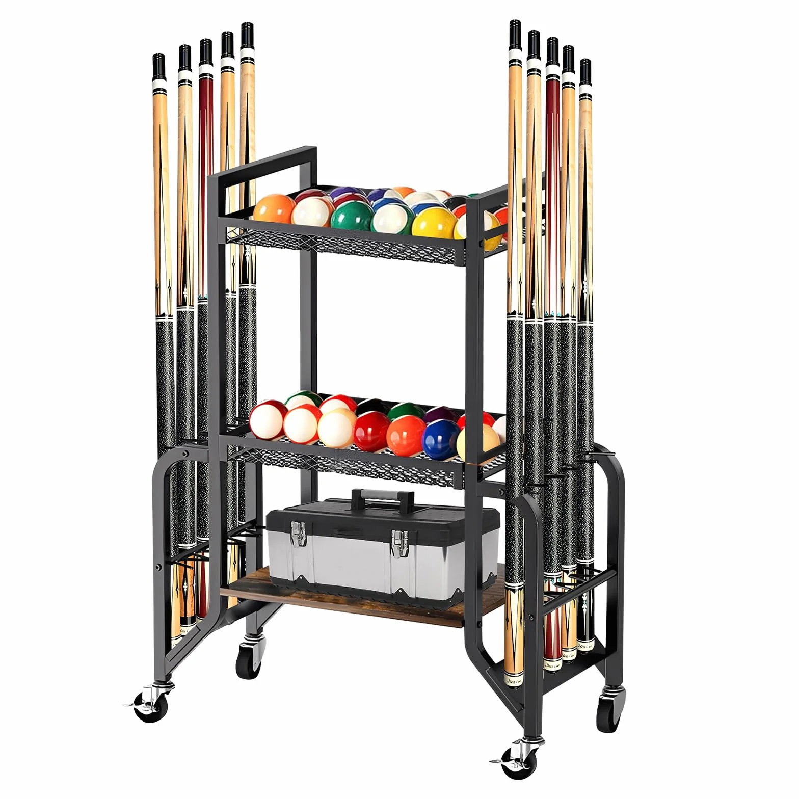 Soporte para taco de billar de 3 pisos para 10 bastones con ruedas