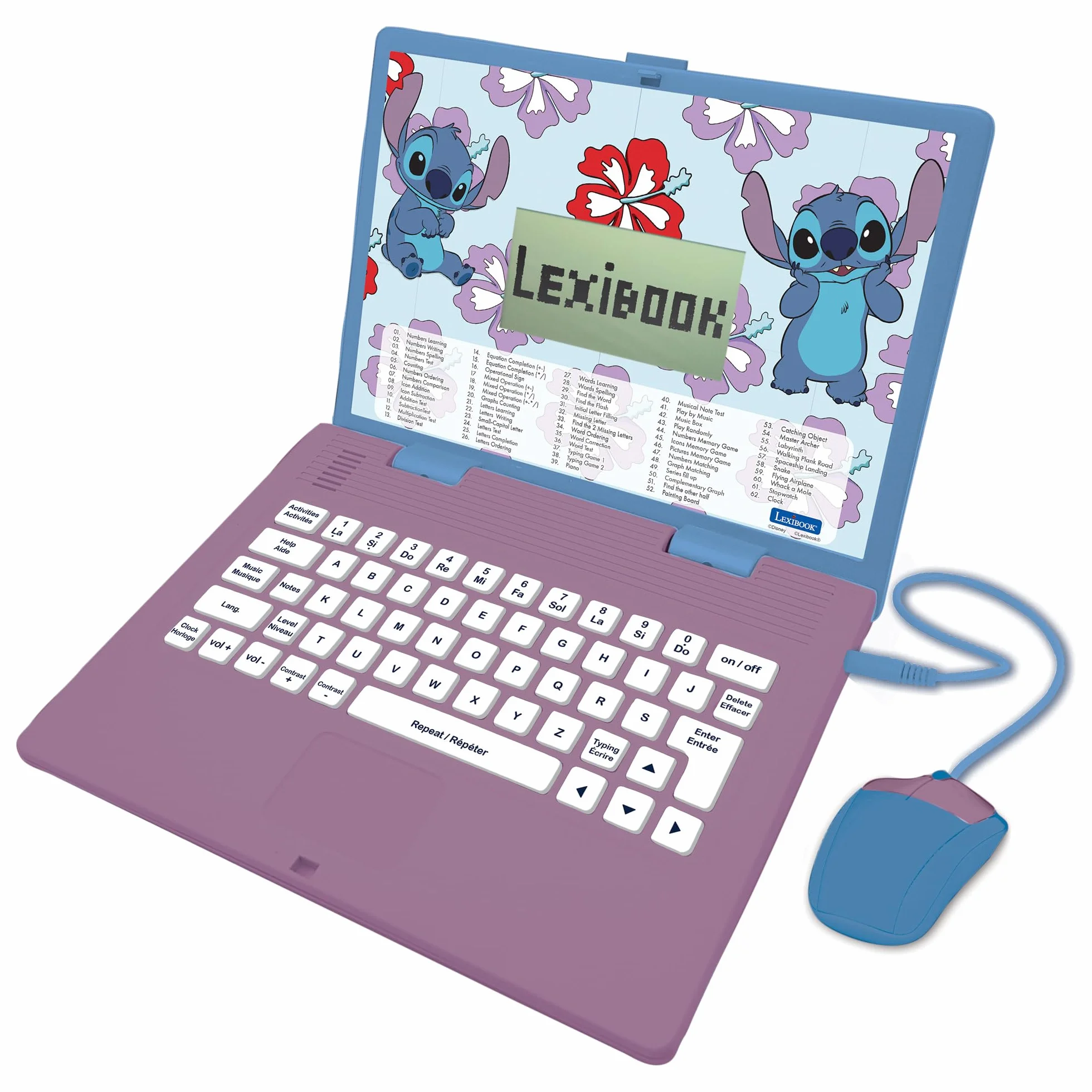 Lexibook, Disney Stitch, Ordenador Educativo bilingüe en inglés/español, 124 Actividades de lenguaje, Escritura, matemáticas, lógica, música y Juegos, para niños y niñas, JC598Di2