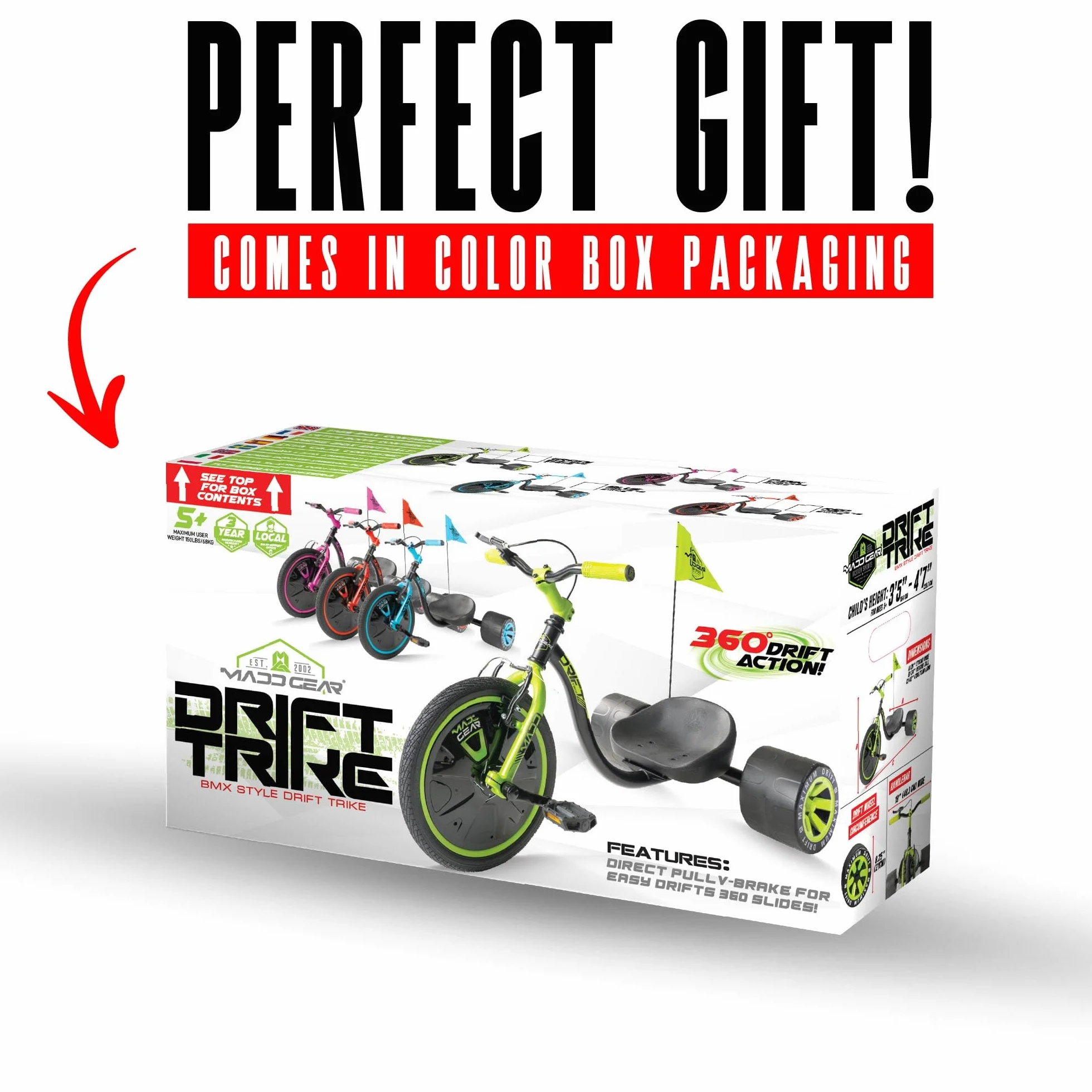 Drift Trike para niños a partir de 5 a 16 pulgadas con rueda grande con asiento ajustable, marco de acero, ruedas traseras y bandera de seguridad, Madd Gear (negro azul)