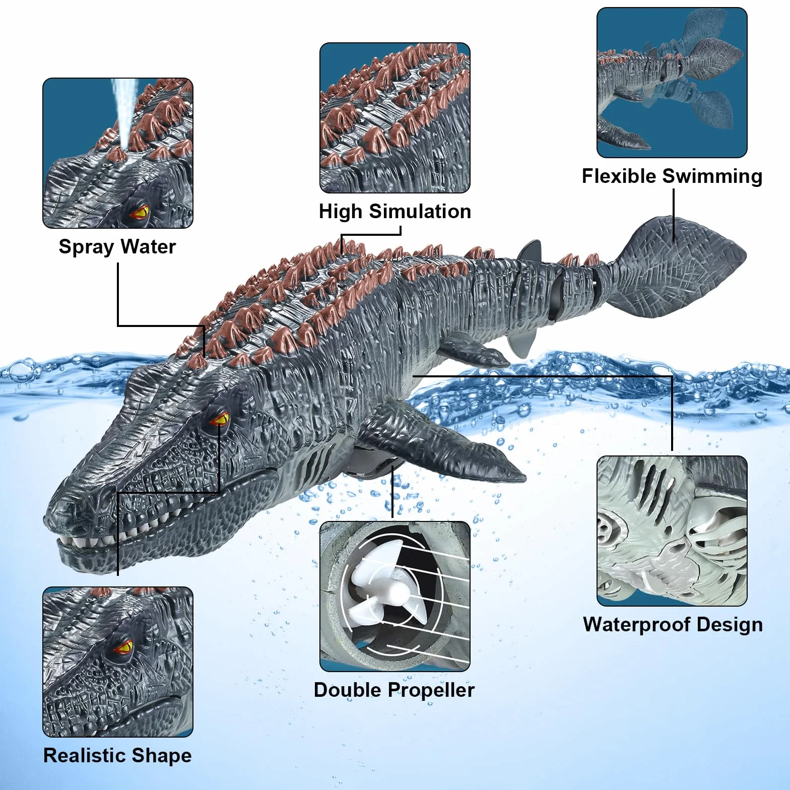 Juguetes Mosasaurus con Control Remoto para niños, Barcos Teledirigido, Barco de Dinosaurio Eléctrico RC con Agua pulverizada y luz para Piscina, Lago, baño, Juguetes de baño (Gris)