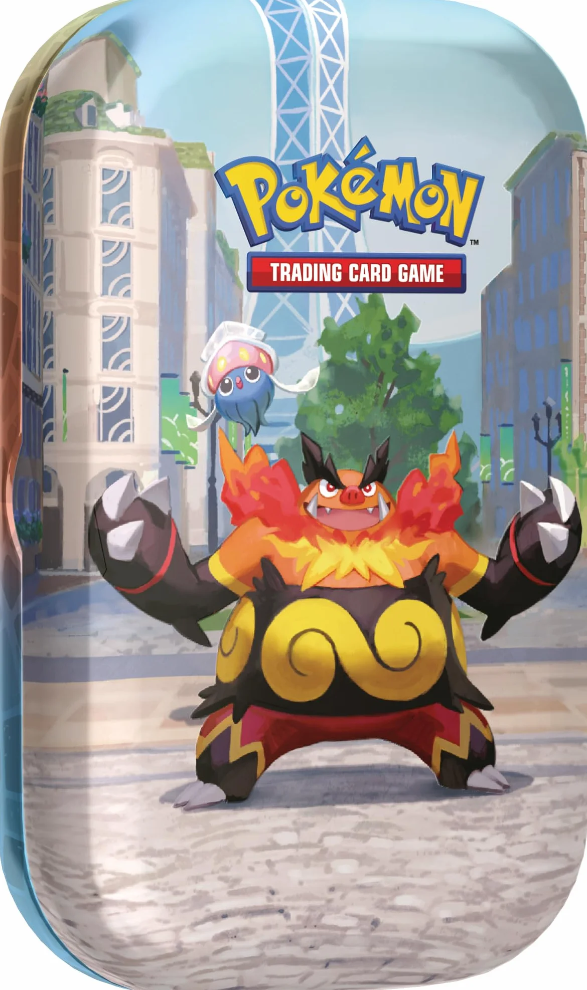 Pokémon JCC Minilata Ciudad Luminalia: Emboar e Inkay con 2 Sobres de Mejora, 1 Tarjeta Ilustrada y 1 Pegatina