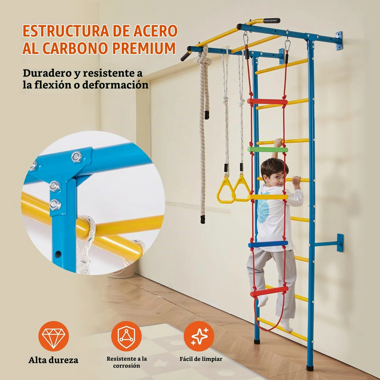 VEVOR 5 en 1 Juego de Escalada para Niños con Escalera Sueca de Acero al Carbono, Escalera de Pared, Barra de Dominadas, Escalera de Cuerda y Anillos de Gimnasia, Carga de 99,8 kg, Multicolor