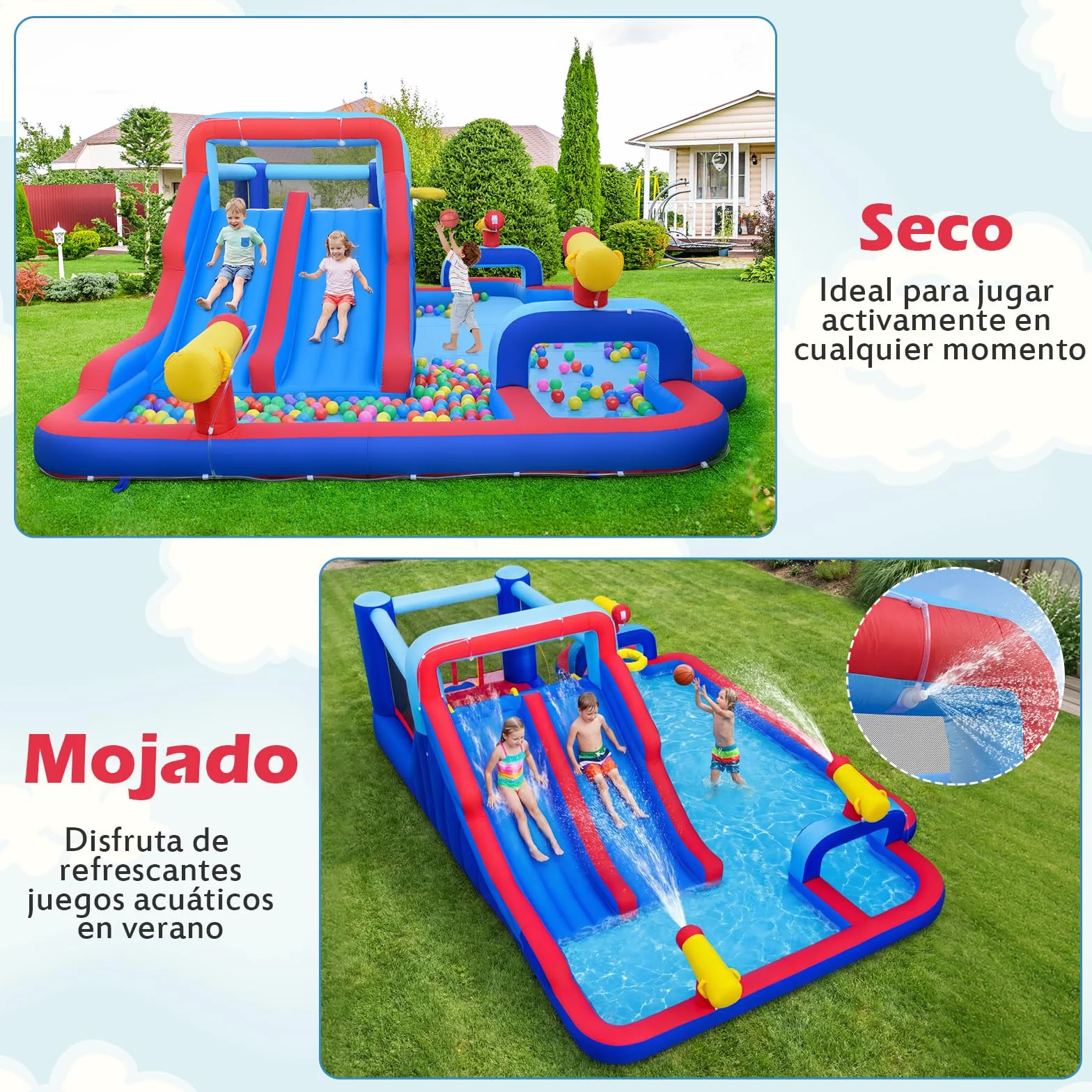 COSTWAY Castillo Hinchable Acuatico, 9 en 1 Castillo Hinchable para niños 3-5 Años con 3 Niños, 646 x 418 x 211 cm, Seco y Agua, Insuflavel Crianças Interior Exterior (con soplador de 950W)