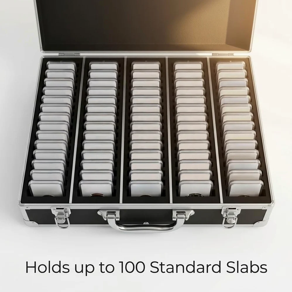 QWORK Caja de almacenamiento de monedas, caja de losa de monedas de grado 100, caja de almacenamiento de tarjetas coleccionables para PCGS, NGC y más, vitrina para monedas, suministros de colección de