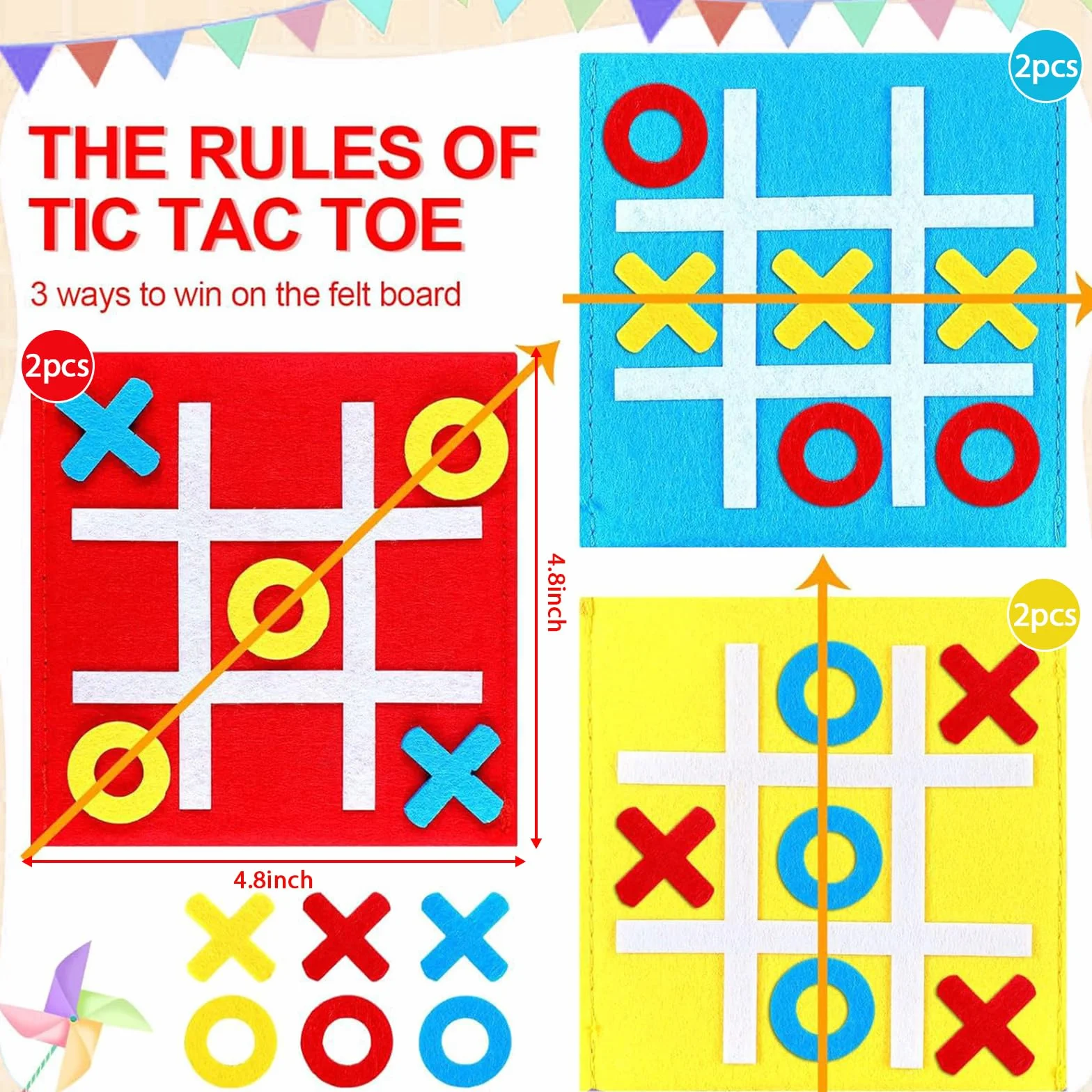 Juego de tres en raya de fieltro 6 piezas 12x12 cm portátil para niños rojo amarillo azul