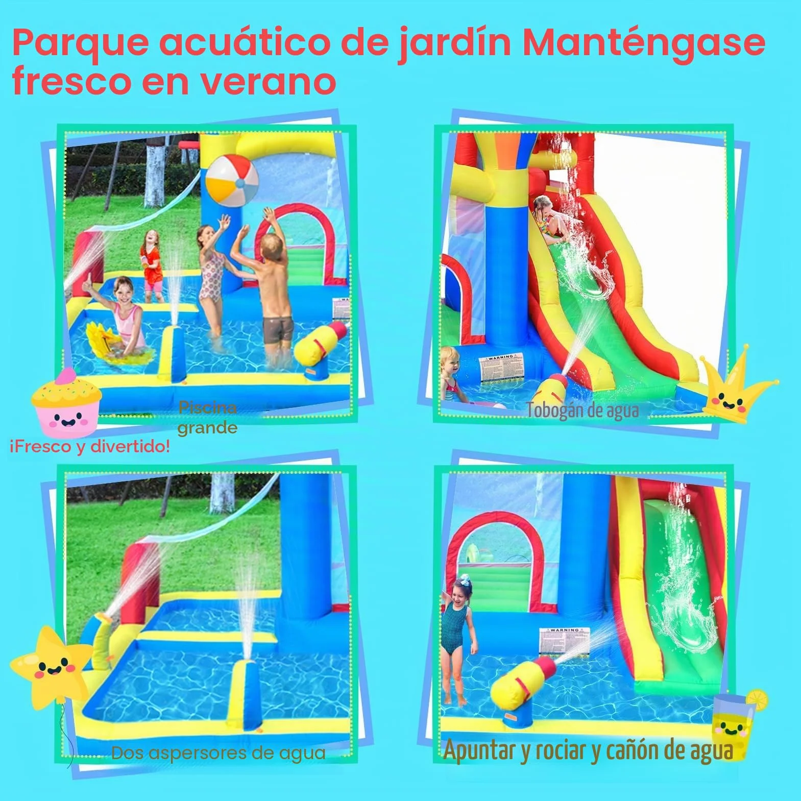 Baralir Castillo Hinchable para Interiores, tobogán seco y Agua, Adecuado para niños de 3 a 8 años, Castillo Hinchable para Exteriores con Ventilador, 343 x 338 x 202 cm