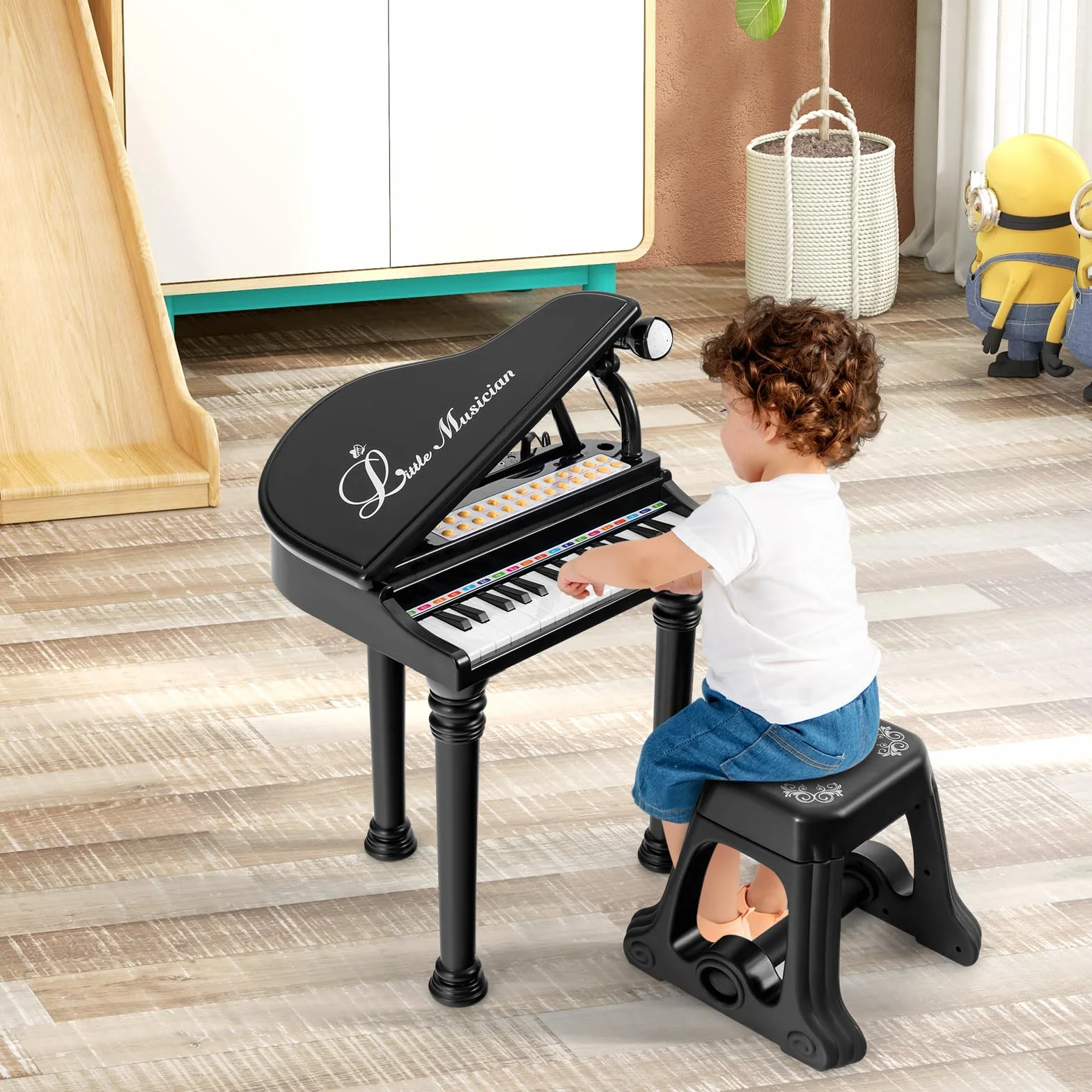 RELAX4LIFE Piano para niños con 31 teclas y taburete, teclado piano electrónico con micrófono ajustable, juguete musical regalo para niños a partir de 3 años (negro)