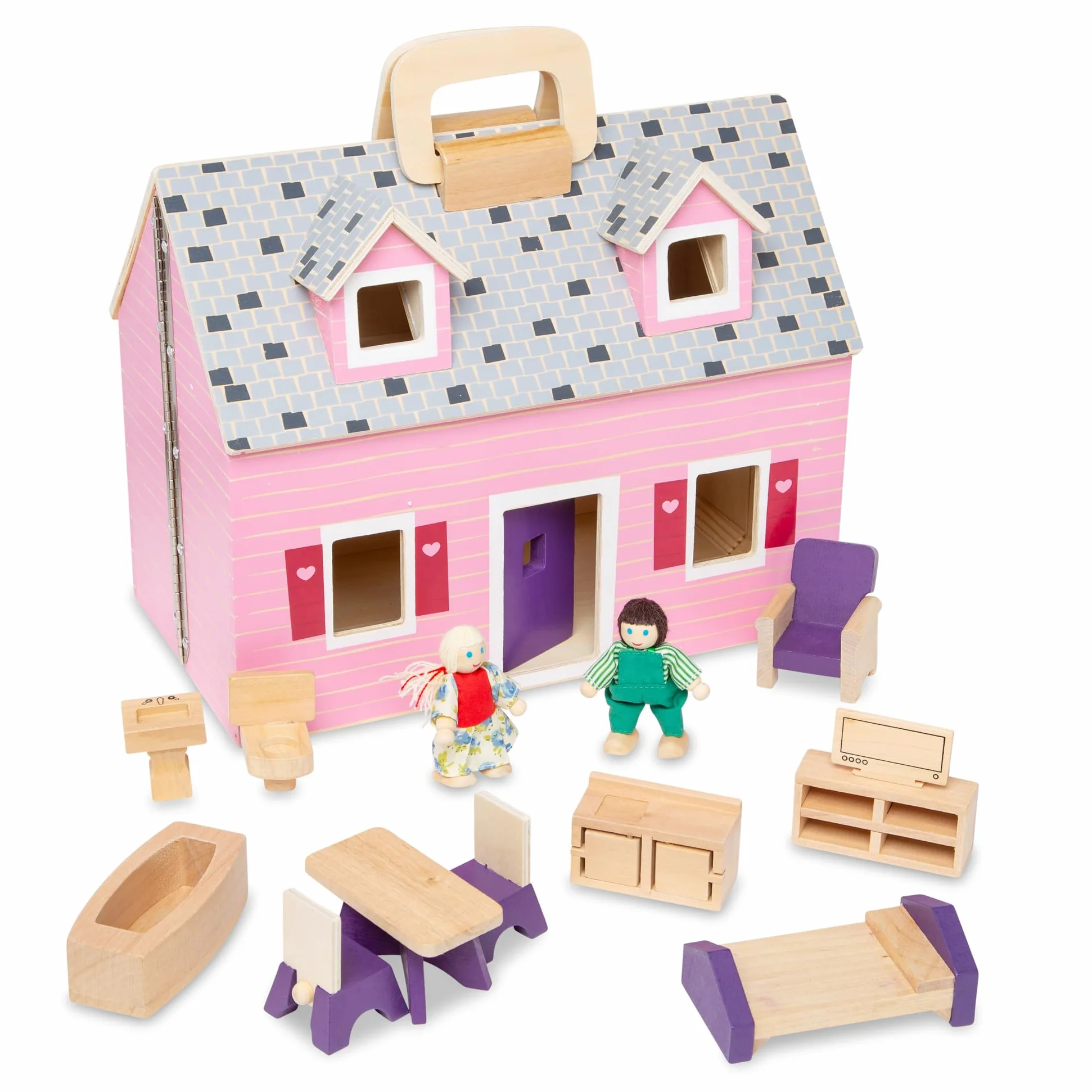 Melissa & Doug Casita de muñecas Plegable y portátil con Accesorios y 2 Figuras, Juguete de Madera, Juguetes de simulación, Montessori, Juego Creativo, Regalo para niños y niñas de 3 4 5 6 años