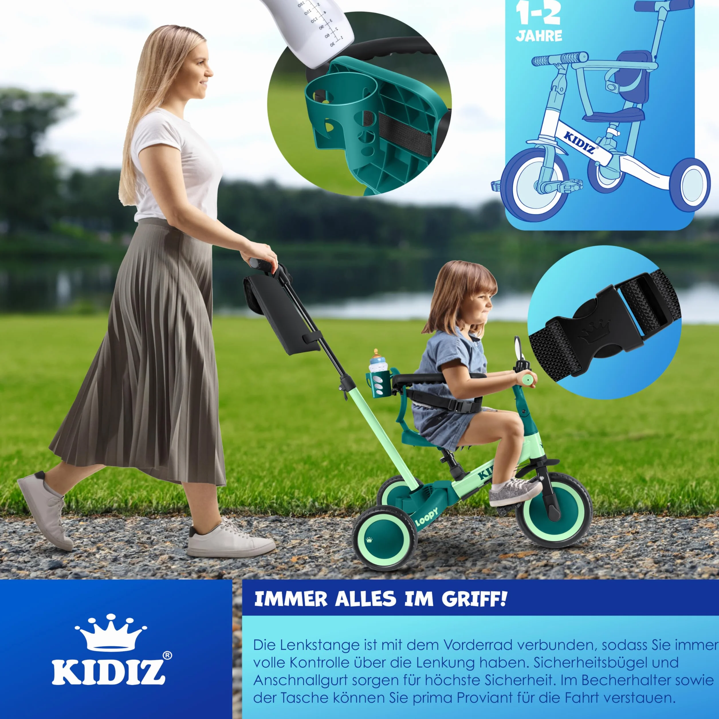KIDIZ® 6en1 Bicicleta de Balance, Triciclo para niños de 1 año a 5 Años, Capacidad de Carga hasta 25kg, Incl. Manillar/Barra de Seguridad/Cinturón de Seguridad/Timbre/Espejo