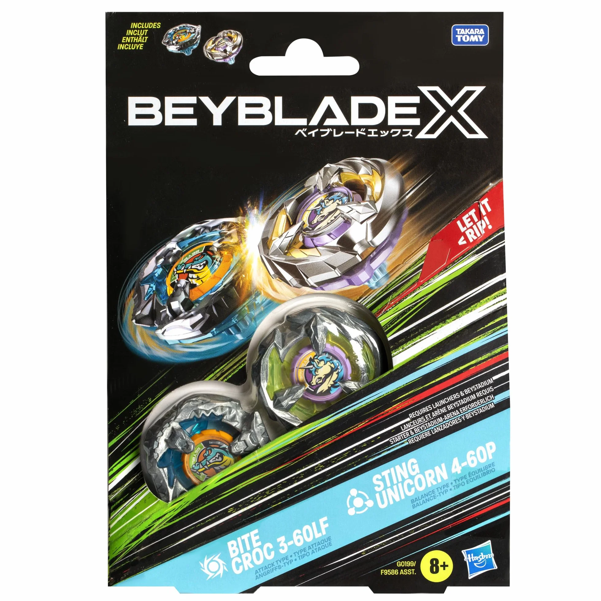 Beyblade X, Bite Croc 3-60LF y Sting Unicorn 4-60P, Pack Doble