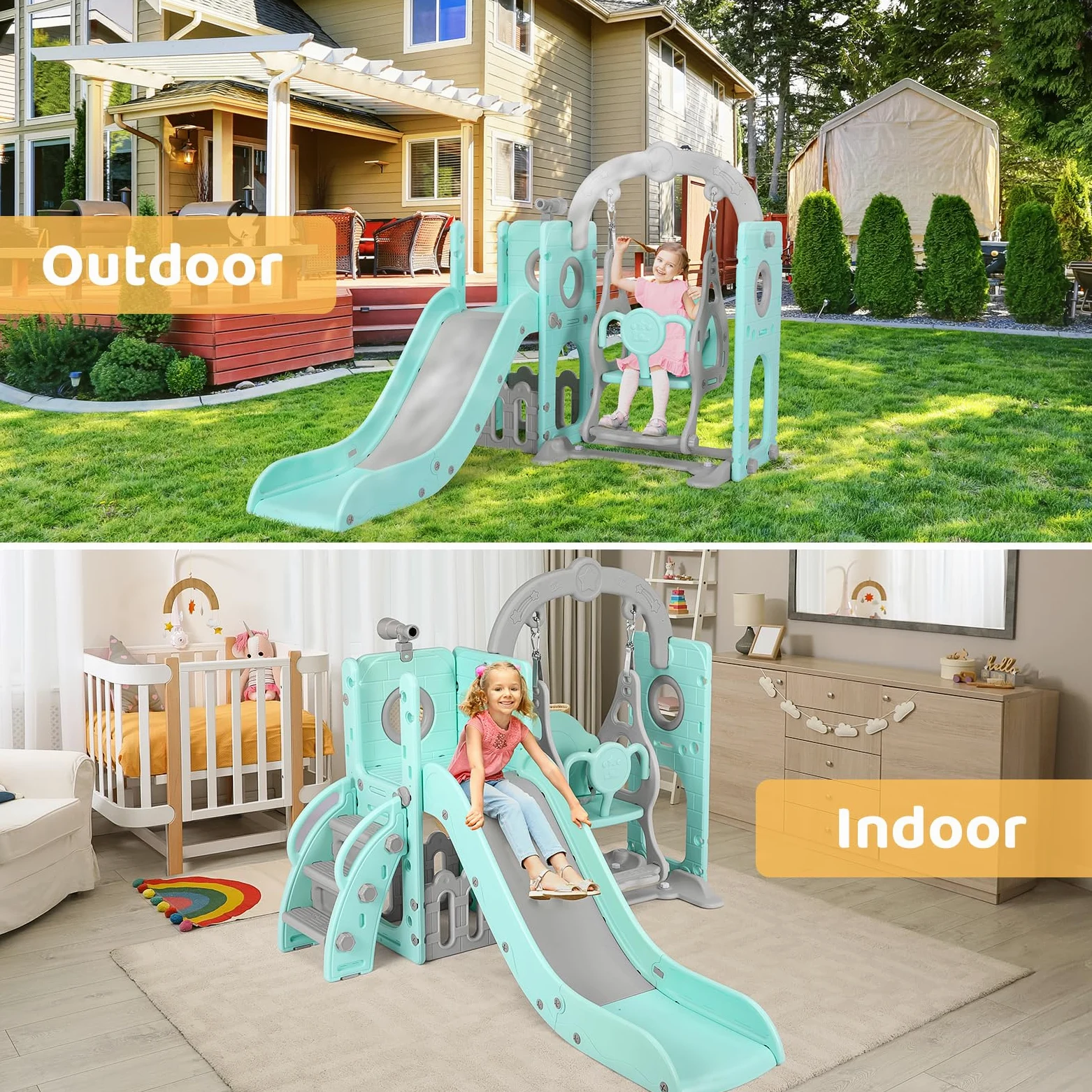 Tobogán y Columpio, Parque Infantil 5 en 1, con Tobogán Largo, Columpio, Escalada, Telescopio de Juego, Almacenamiento, Tobogán para Interior y Exterior, Juego de Tobogán para Bebé, Verde Gris