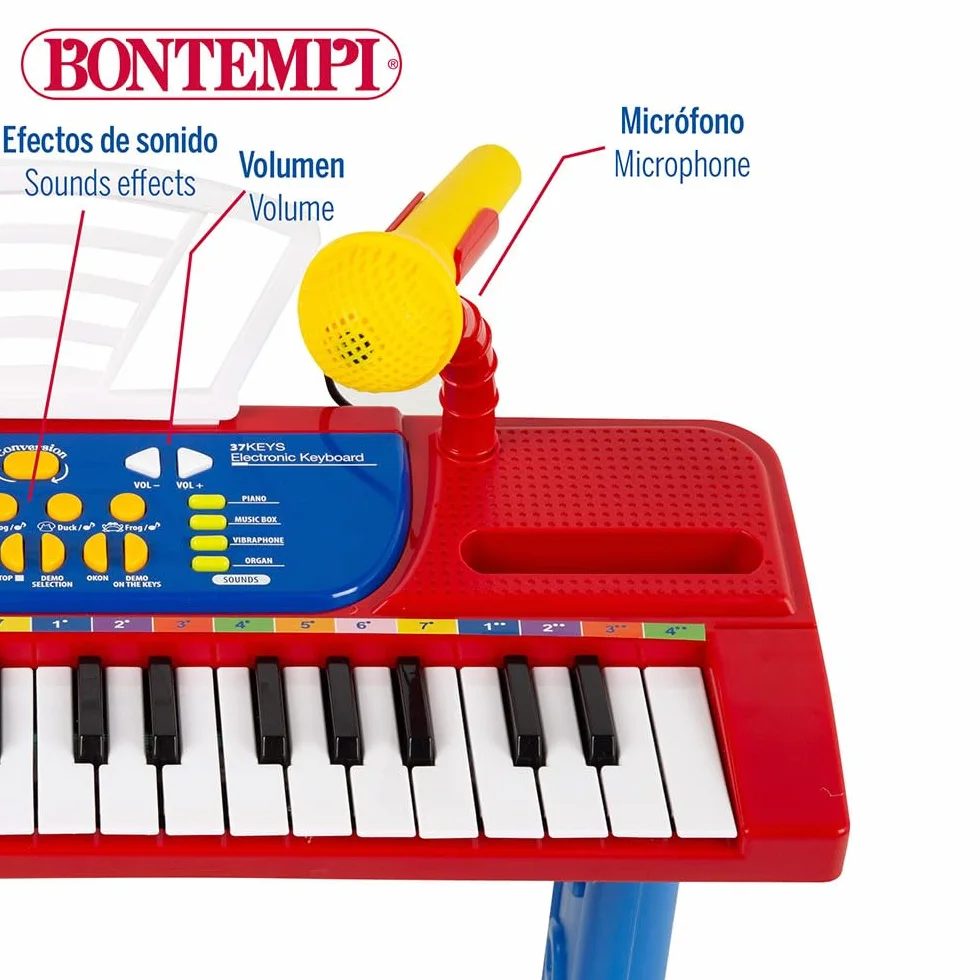 Bontempi Piano Infantil 37 Teclas con Taburete, micrófono y Atril, 4 Sonidos, 4 ritmos, 11 melodías, Función Aprendizaje Okon, Conexión USB-C o 4 Pilas AA (N/I), Juguete Musical, +3 años (47907)