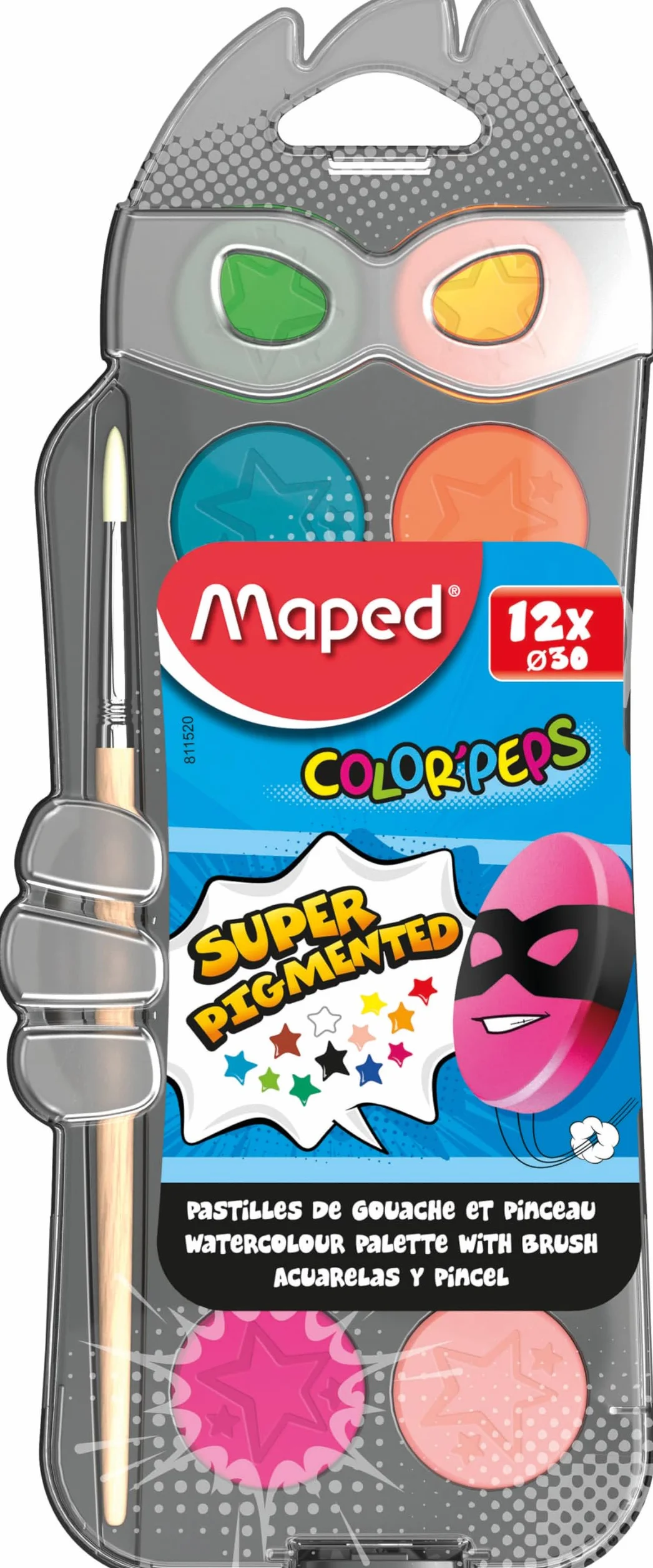 Maped - Set de Manualidades para Niños - Estuche Acuarelas en Pastillas - Paleta de 12 Acuarelas - Diluir con Agua para Crear Efectos - Caja de Plástico con Tapa - Pincel Sintético Incluido