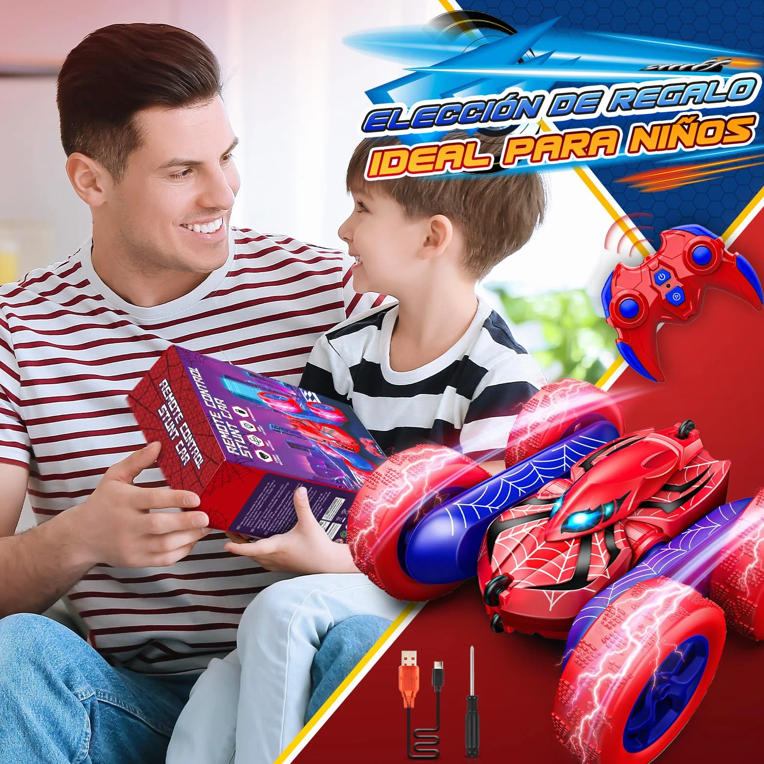 Coche Teledirigido Monster Truck 2,4Ghz 360° Rotación Luces Batería Recargable Type-C Niños 3-12 Años