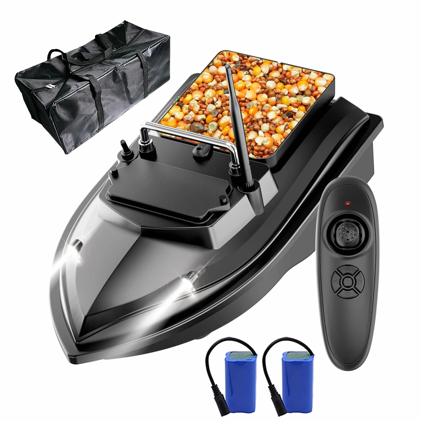 Bote de Pesca 500 m, Barco de Pesca RC, 2 kg, Carga con Bolso, Dispositivo alimentador de Peces, 500 m, Distancia de 2 kg, Cebo, Carga, Mando a Distancia, Barco (Verde) (Negro)