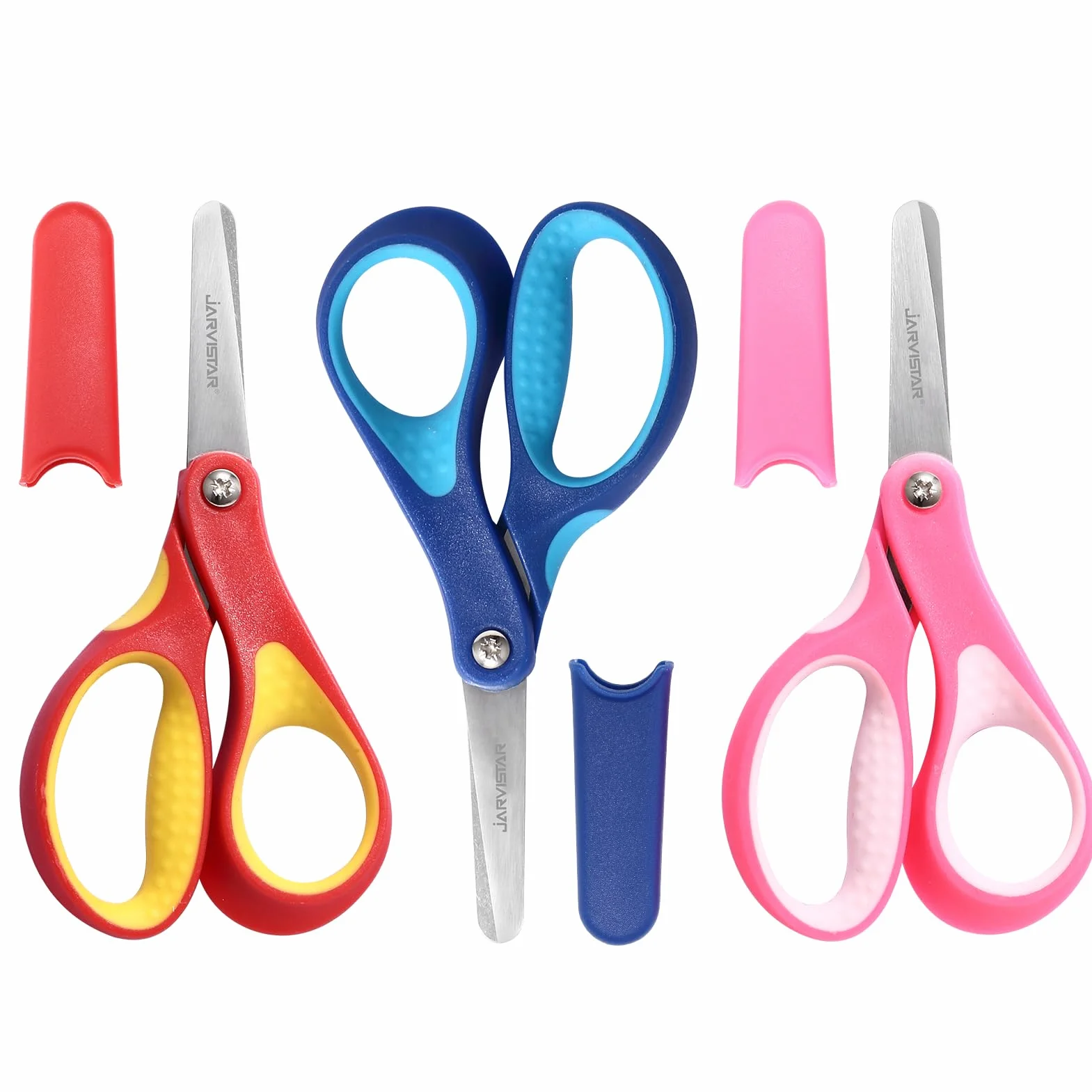 JARVISTAR Tijeras de Seguridad para Niños, Acero Inoxidable Hojas Redondeadas Tijeras para Niños, Para Diestros Tijeras de Papel para Niños y Niñas en el Jardín de Infancia, 13 Cm (Azul/Rosa/Naranja)