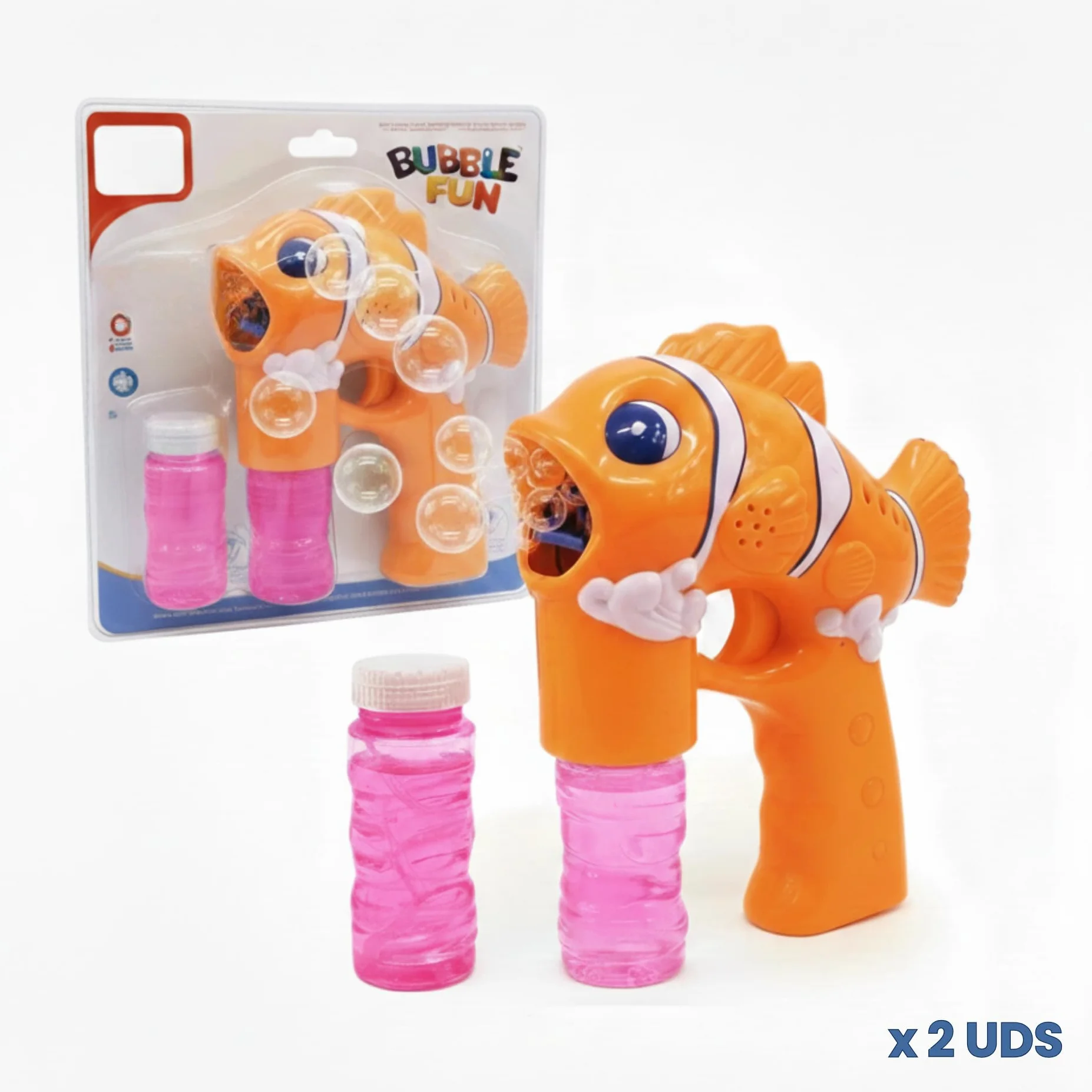 Pistola de Burbujas - Set de 3 - AMATOYS - Máquina de Pompas Automática con Luces - Forma de Animales - Pomperos para Niños y Niñas - Juguete para Piscina y Verano (PEZ_Naranja)