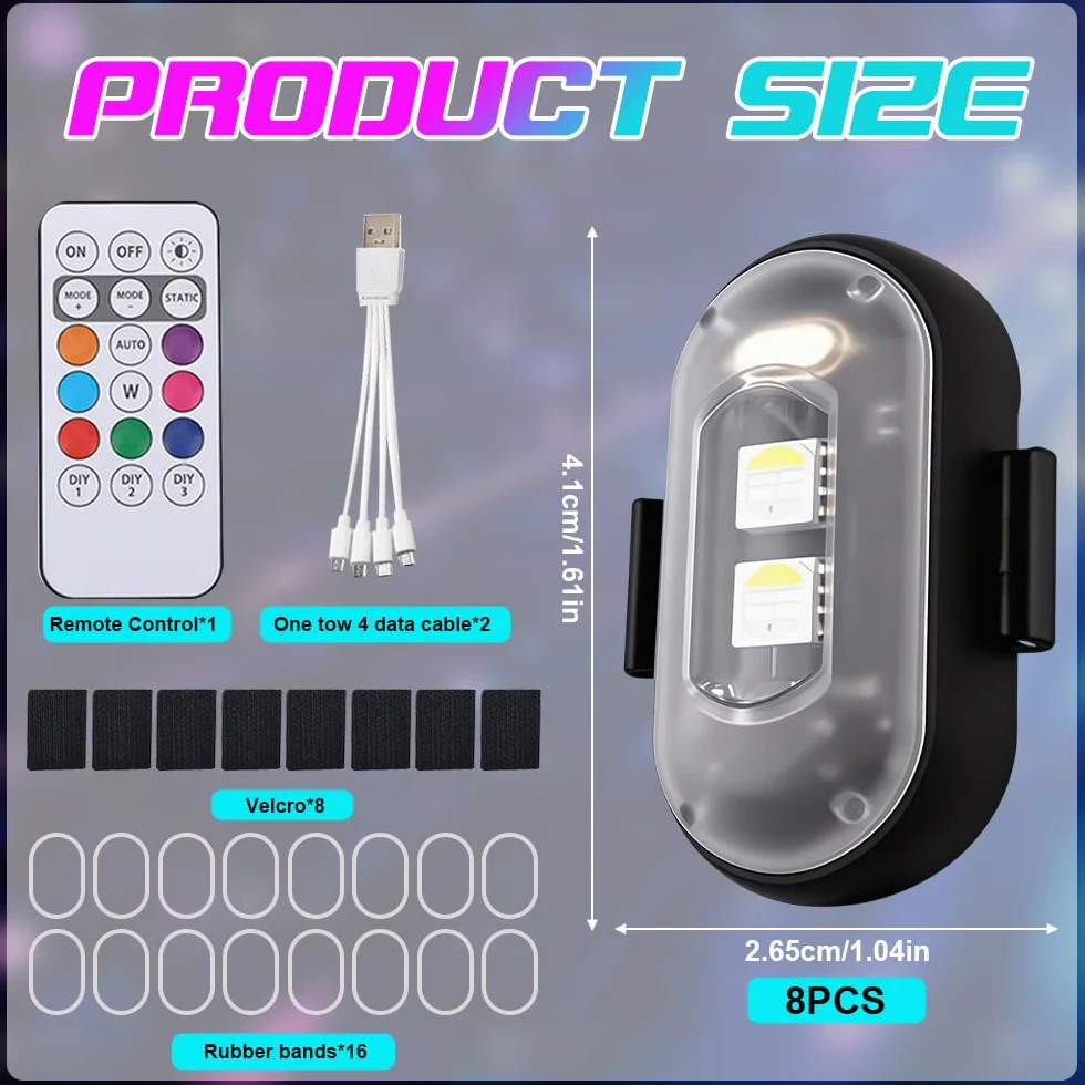 8 Piezas Luz Estroboscopica Drone LED 8 Colores Control Remoto USB Anticolisión Señal Advertencia Nocturna para Dron Camión Bicicleta
