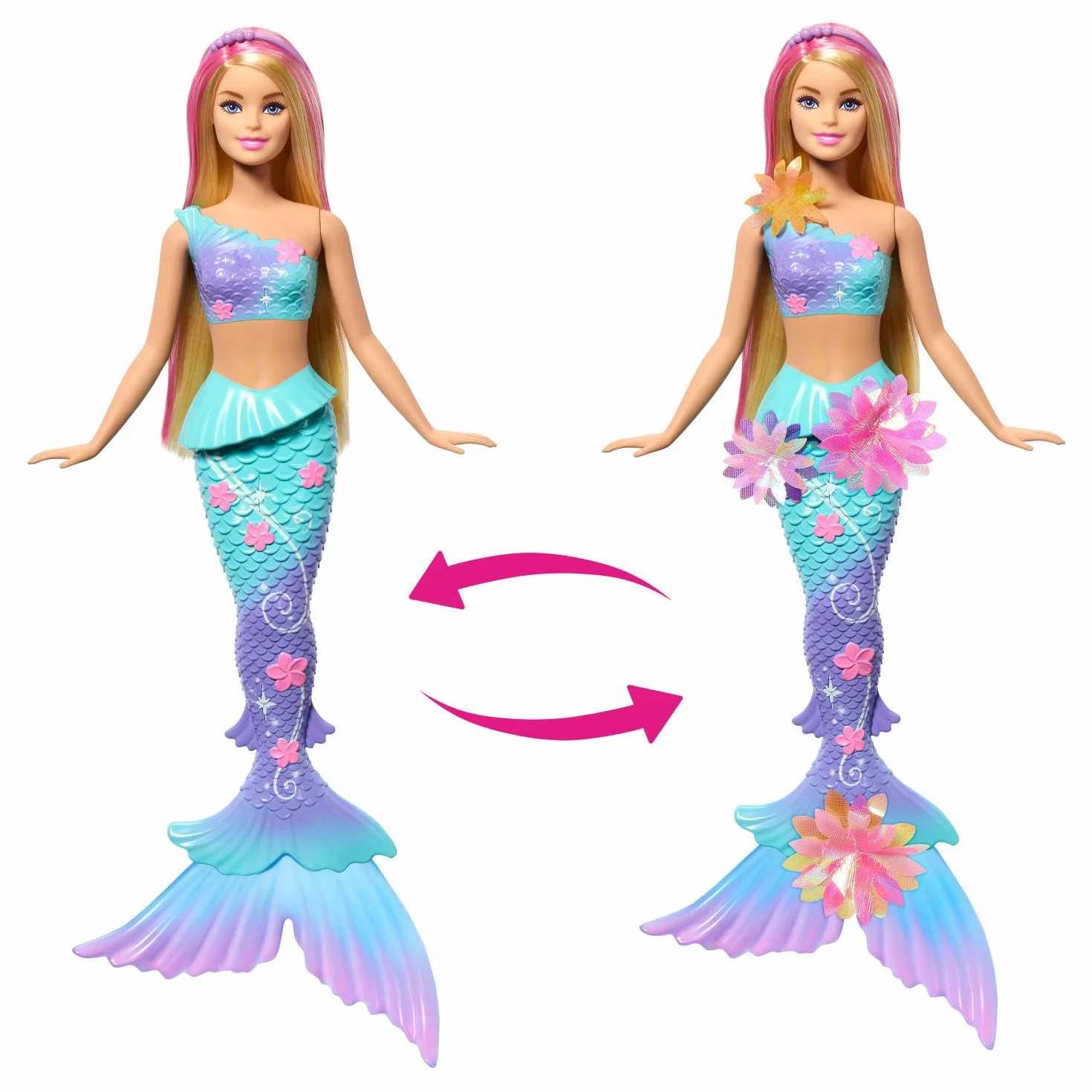 Barbie Muñecas de sirena con la característica de flores florecientes mágicas, colas con efecto degradado, accesorio de diadema de perlas y cabello largo rubio con mechas rosadas, JDM72