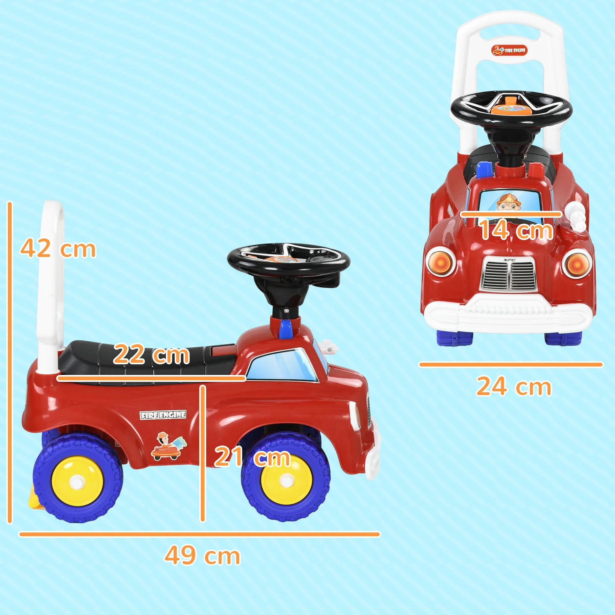 AIYAPLAY Coche Correpasillos para Niños de 18-36 Meses, Diseño de Camión de Bomberos, Correpasillos con 3 Luces, Música, Compartimento de Almacenaje y Volante, 49x24x42 cm, Rojo