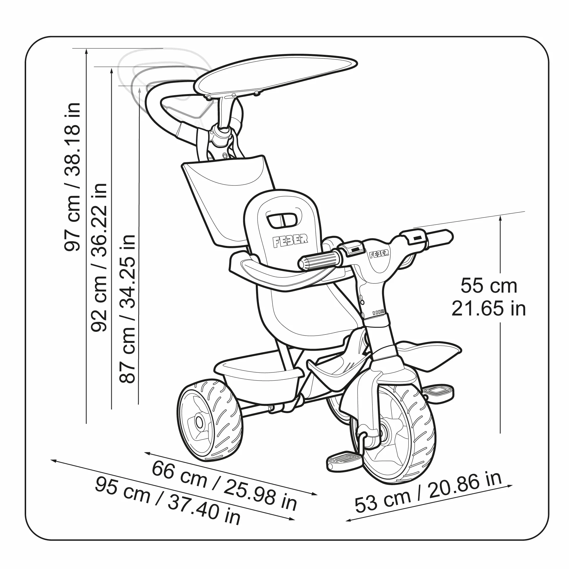 FEBER - Baby Plus Music, Triciclo para Niños con Estructura Metálica y Cinturón de Seguridad, 2 Posiciones, Silla de Empuje y Mando para Música con Altavoz, 9 Meses+, Azul, Famosa (800012100)