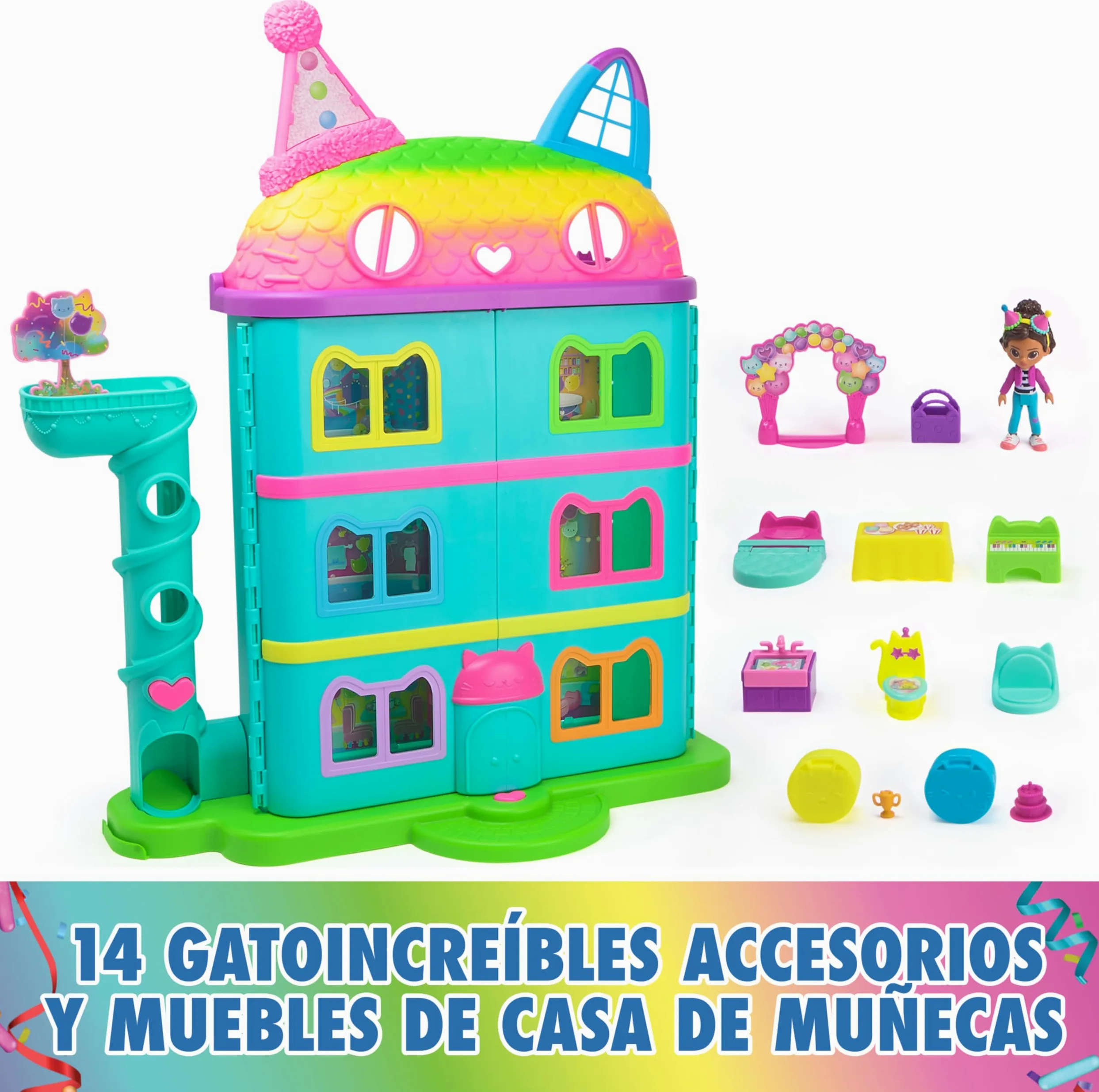 LA CASA DE MUÑECAS DE GABBY - CASA DE MUÑECAS FESTIVA GABBY'S DOLLHOUSE CON SONIDOS, FIGURA, 14 ACCESORIOS ARCOIRIS Y 2 CAJAS SORPRESA - 6070742 - Juegos Infantiles - Juguetes Niños 3 años +