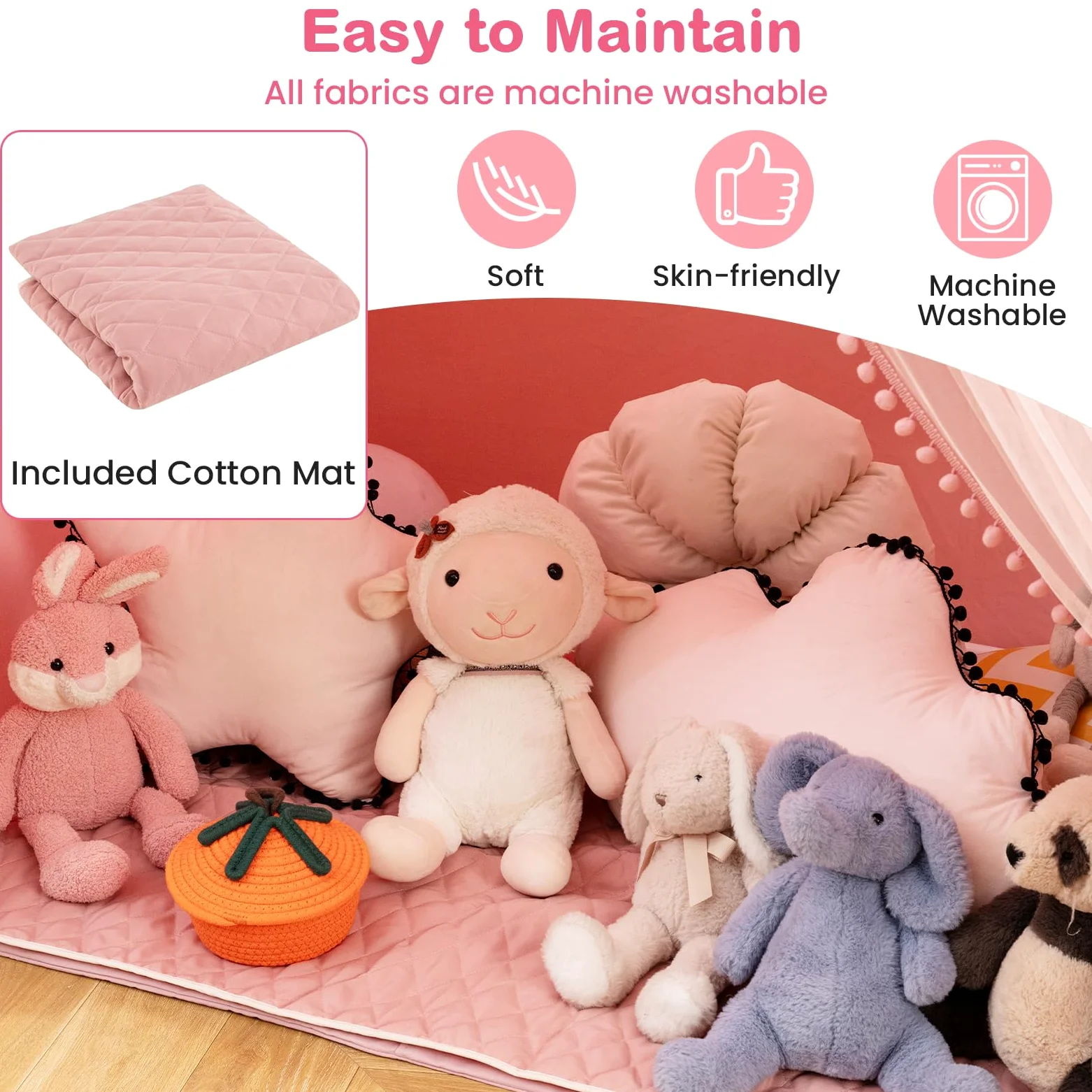 HOMASIS Tienda de Campaña Infantil con Colchoneta de Algodón, Casitas Infantil Tela de Interior con Luces, Cortina y Banderas, Cabañas para Niños a Partir de 3 Años, 146x96x133cm (Rosa)