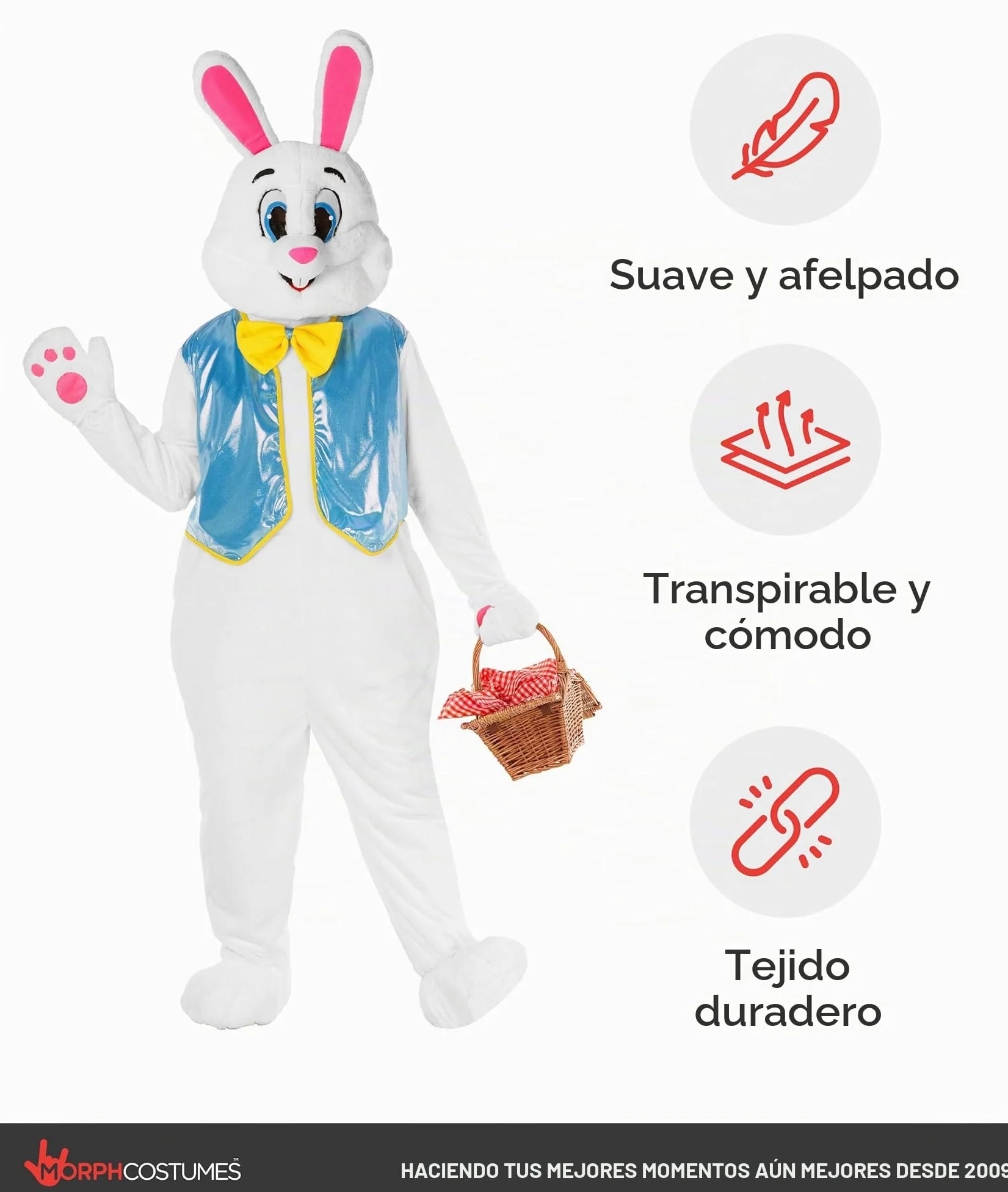 Morph Disfraz Conejo de Pascua Adulto, Disfraz Halloween Adulto | Mono con Chaleco, Cabeza Desmontable, Manoplas & Pies, Estilo Blanco, Perfecto para Halloween, Siempre un Éxito