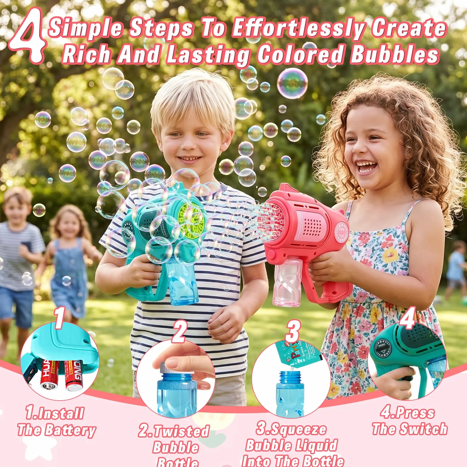 2 Piezas Pistolas de Burbujas para Niños, pompas de jabon niños con 2 x 100ml Solución de Recarga de Burbujas e Lámpara LED, Juguete de Verano para Actividades al Aire Libre, Fiestas y Bodas