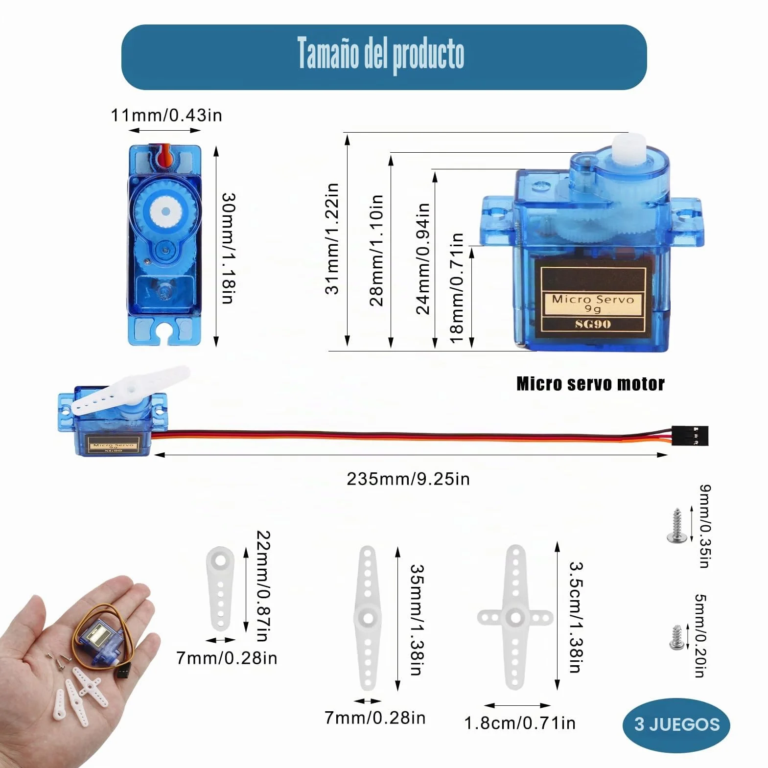 Paquete de 3 microservomotores de 9G, servo SG90 para Arduino, miniservos para proyectos RC, Brazos robóticos, helicópteros, Barcos y vehículos, Control por Cable, ángulo de Control de 180°, Azul