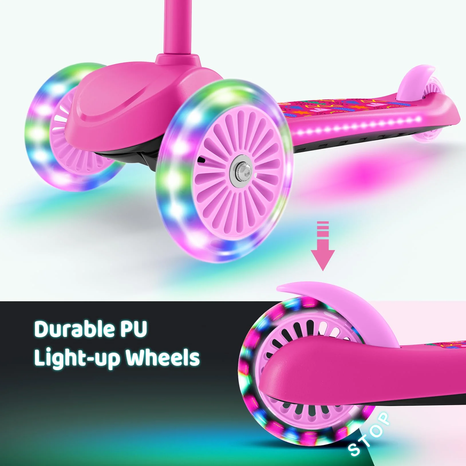 BremToy Patinete Niños 3 Años, Patinete Niños con Deck Luminosa y Ruedas LED de PU, Altura Regulable en 4 Niveles, Frenado Responsivo, Ligero, Patinete para Principiantes de 3 a 8 Años