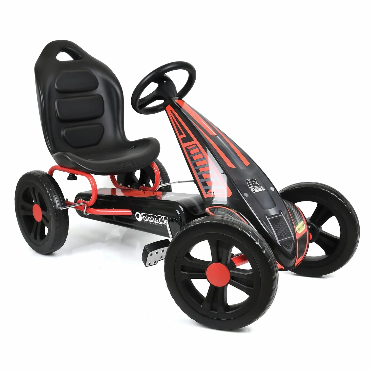 hauck Go Kart Cyclone - Kart Pedales para Niños de 4 a 10 Años - Coche Pedales con Ruedas de 12 Pulgadas - Go-Kart con Freno de Mano y Asiento Ajustable - Chasis de Acero - Negro/Rojo