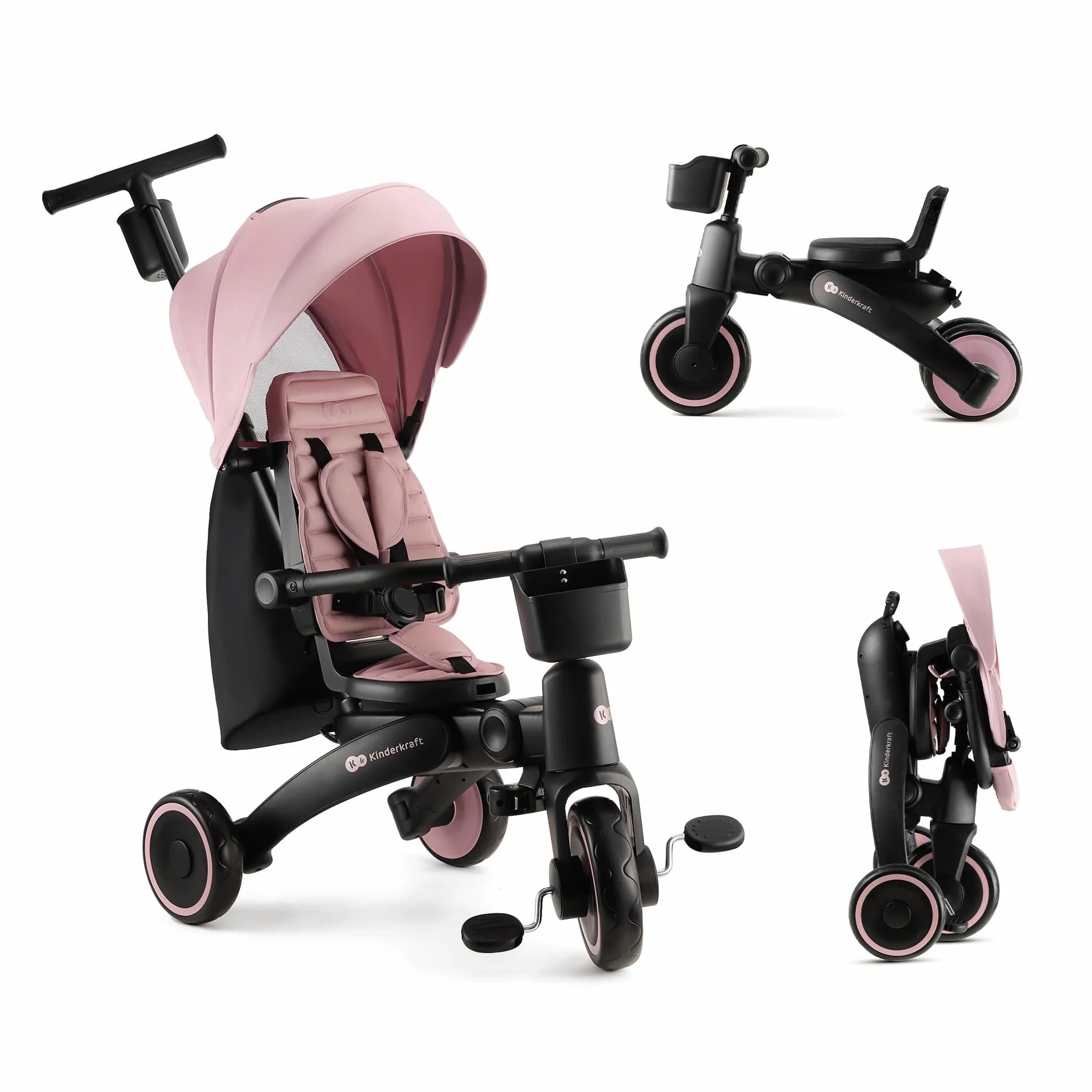 Kinderkraft JAZZ2 Triciclo 6 en 1, con función de Rueda para niños, Cochecito Plegable con Accesorios, protección UV UPF50+, de 9 Meses a 5 años, Rosa