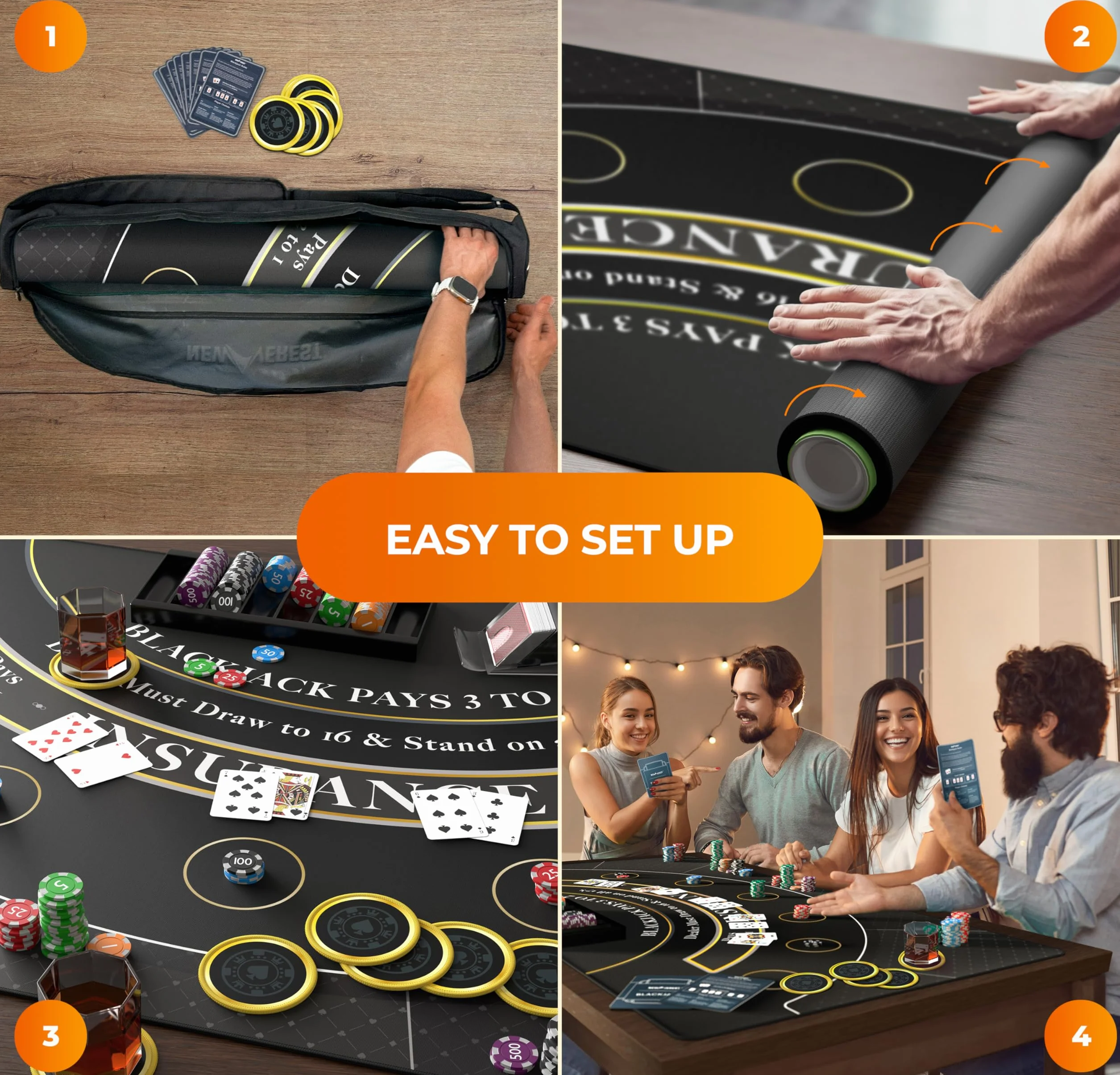Newverest Tapete De Blackjack 178 x 89 cm (70x35 in), Tapete De Blackjack De Mesa Estilo Casino para Noches De Juego, con Bolsa con Cremallera Y 8 Posavasos En Caja Regalo