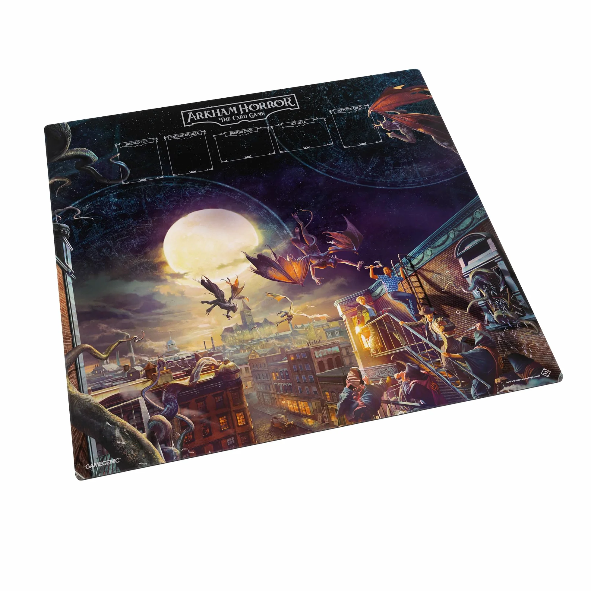 Gamegenic Arkham Horror: Center Game Mat, Tapete de Juego Premium 70x70 cm, Diseño Oficial 1 a 4 Jugadores, Zonas Delimitadas para Cartas, Bordes Cosidos, Superficie Antideslizante de 2 mm