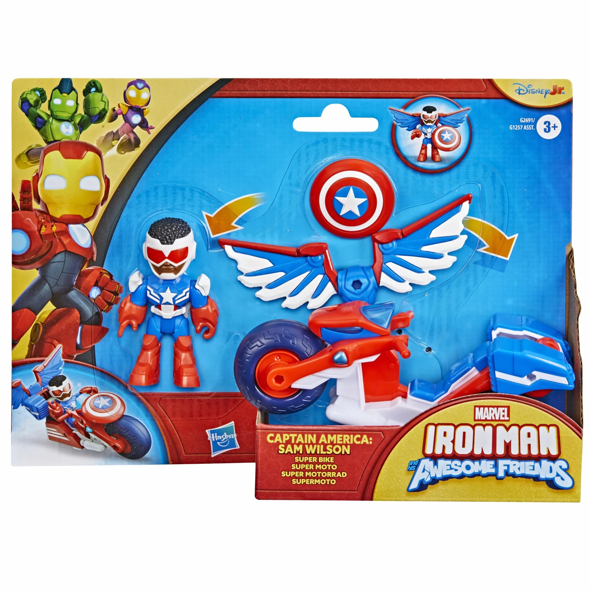 Marvel Iron Man and His Awesome Friends, Capitán América: Sam Wilson Super Bike, Figura de acción y Moto de Juguete
