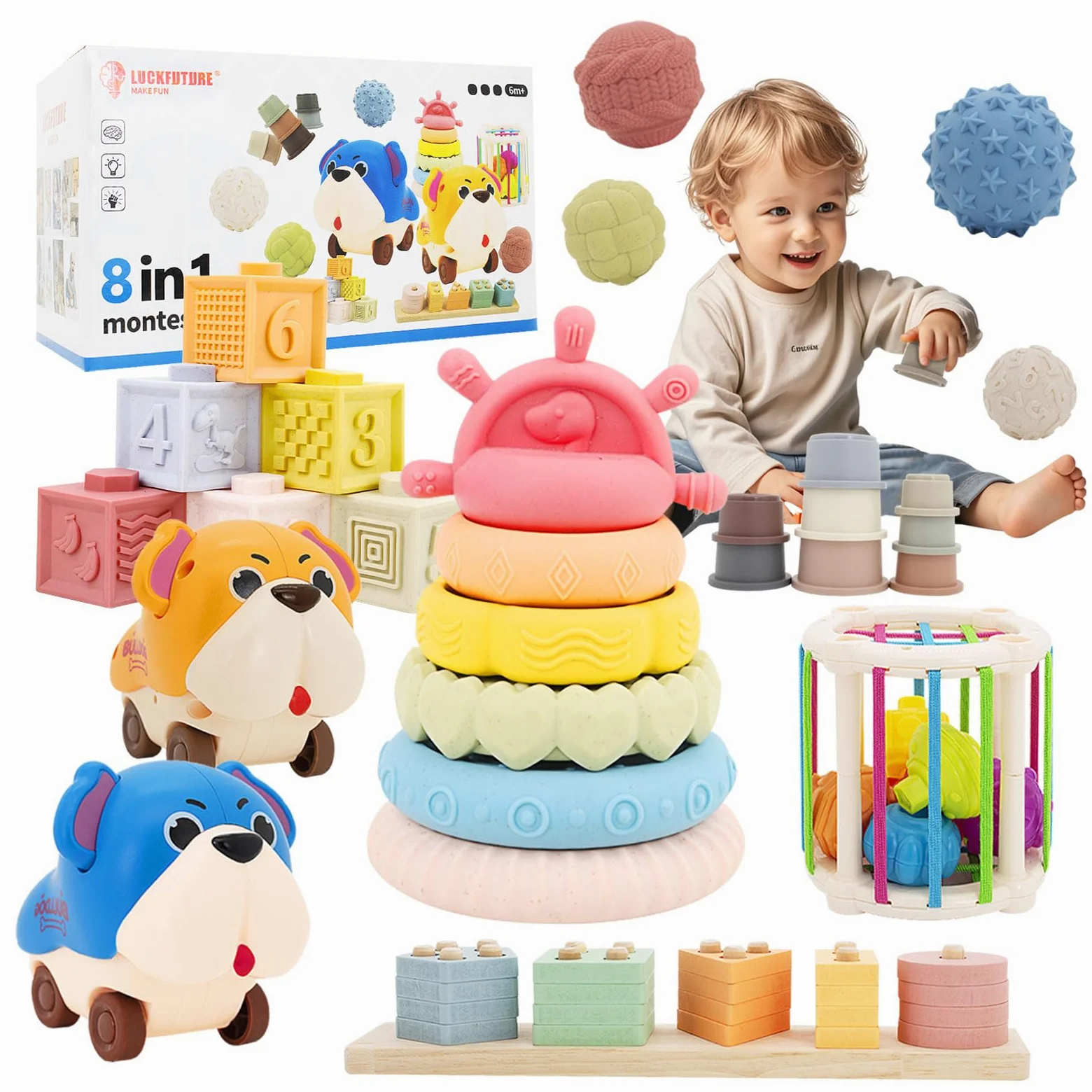 LUCKFUTURE Juguetes para bebés de 6 a 18 Meses, Juego de Juguetes Montessori 8 en 1, Juguetes educativos de Aprendizaje para niños pequeños de 1 a 3 años, Regalos de Moda para niños y niñas