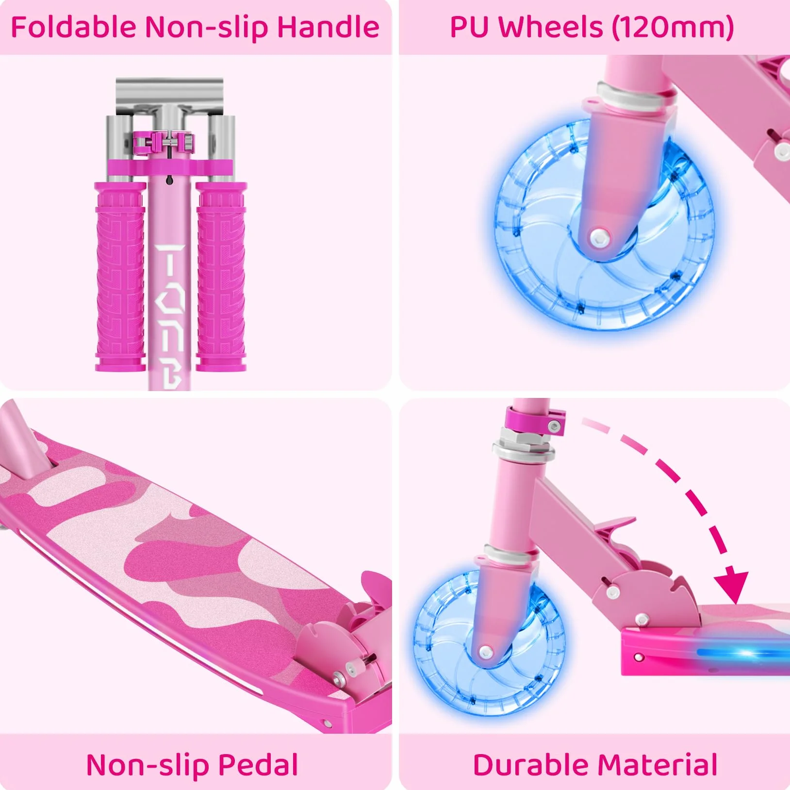 TONBUX Patinete Niños de 5 a 12 Años, Patinete Niños con Poste de Iluminación Fresco, Ruedas y Plataforma, Patinete de Altura Ajustable de Nivel 4, Patinete Ligero Plegable
