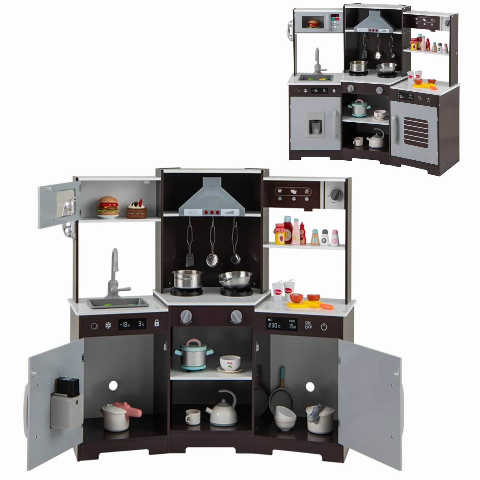 HOMASIS Juego de Cocina para niños, Cocina Infantil con Sonidos y Luces simuladas, teléfono, microondas, cafetera, heladera y Horno, Cocina de Juguete para niños de 3+ años, 110x43x92cm (Marrón)
