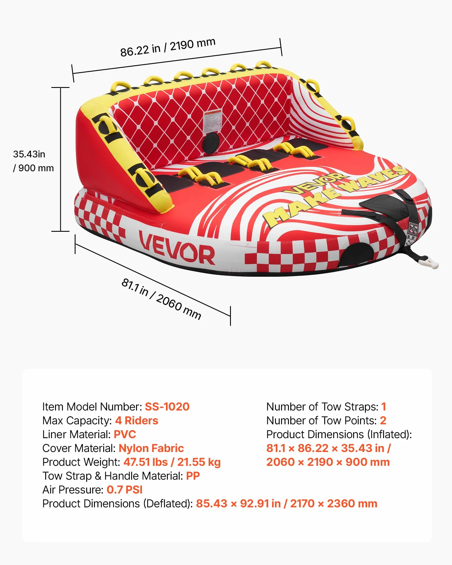 VEVOR Flotador de Arrastre Inflable 4 Personas 219x206 cm 308 kg para Deportes Acuáticos