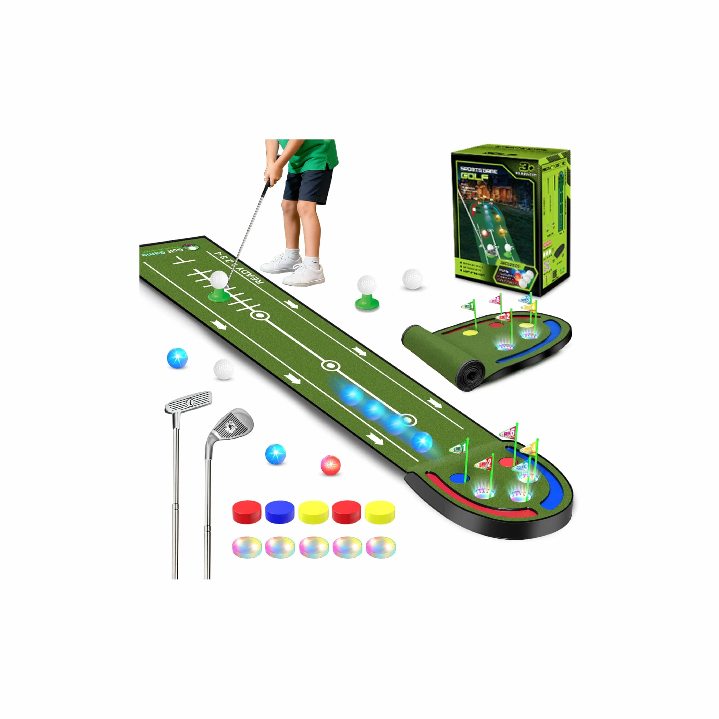 TERRAMUS - Tapete de Golf Mejorado para niños, Green de 2,3 m con Hoyos iluminados con LED, Bolas Brillantes, 2 Palos, Juego de Golf de Juguete, tapete de Golf para Interior y Exterior
