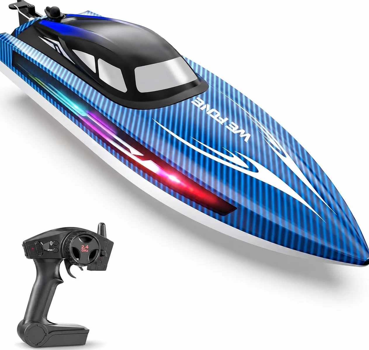 WeFone Barco teledirigido para adultos, 25+ KMH Fast RC Speed Boat con luz LED para niños, DEMO, WF17, ideal para piscinas y lagos de juguete, 2 baterías recargables durante 30-40 minutos (azul)