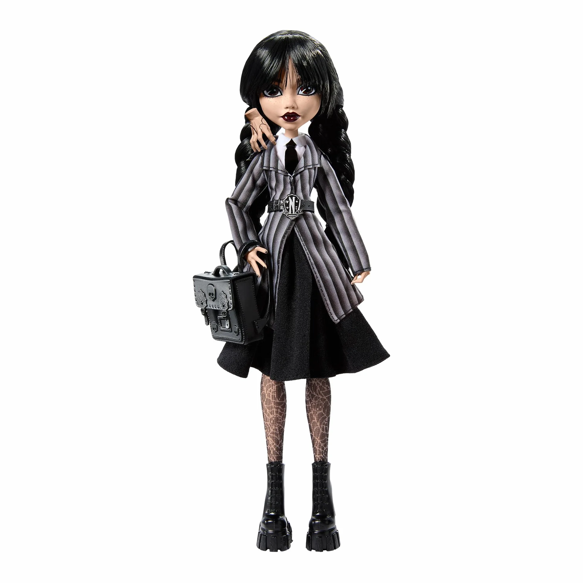 Monster High Miércoles Muñeca y Accesorios, muñeca Coleccionable de Miércoles Addams con el Uniforme de la Academia Nevermore, Cosa y una Mochila, con peana para la muñeca, HXJ04
