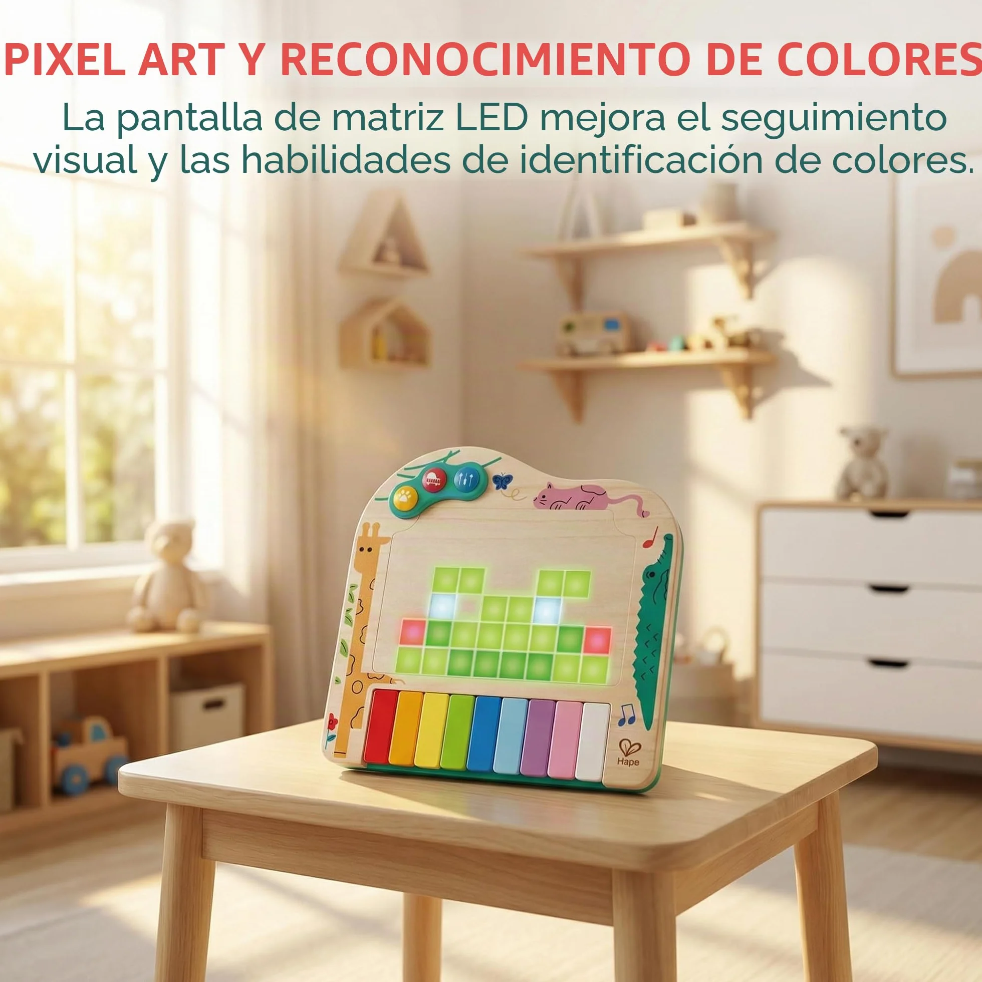 Hape Pixel Piano, Juguete Infantil de Madera, Instrumento Interactivo con Luces y Sonidos