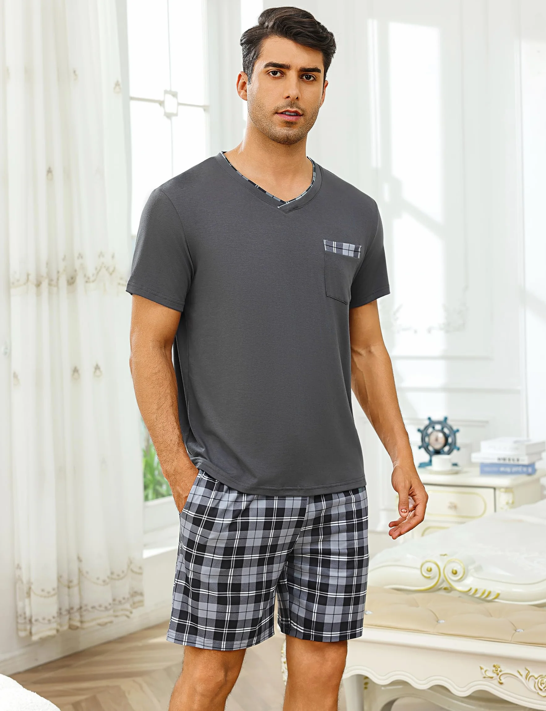 Pijamas de Verano Hombre 2 Piezas Corto Conjunto de Pijama a Cuadros con Cuello en V S-3XL
