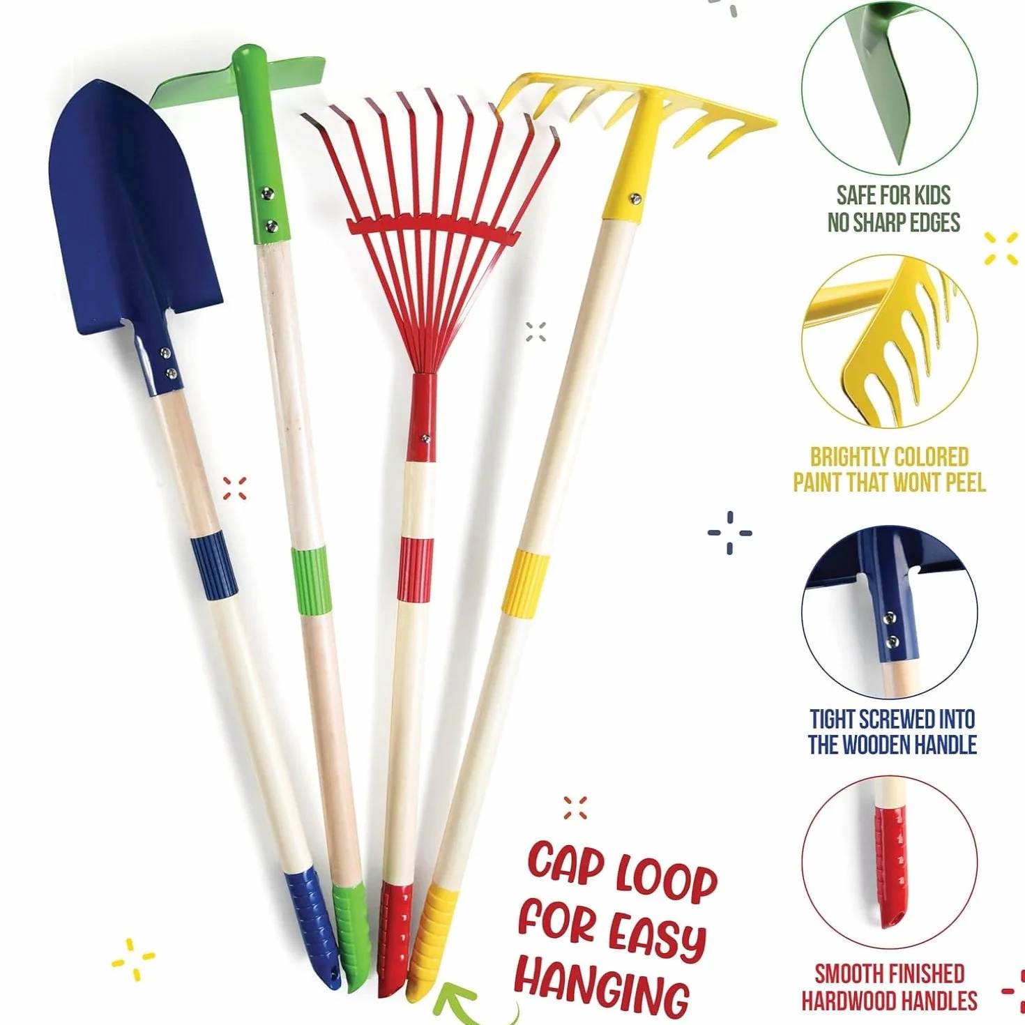 LATERN 6 Piezas Herramientas de Jardinería para Niños, 71CM Metal Grande Pala Rastrillo Azada Hojas Rastrillo con Mango de Madera, Regadera, Guantes - para Exterior Jardín Patio Césped Cavar Jugar