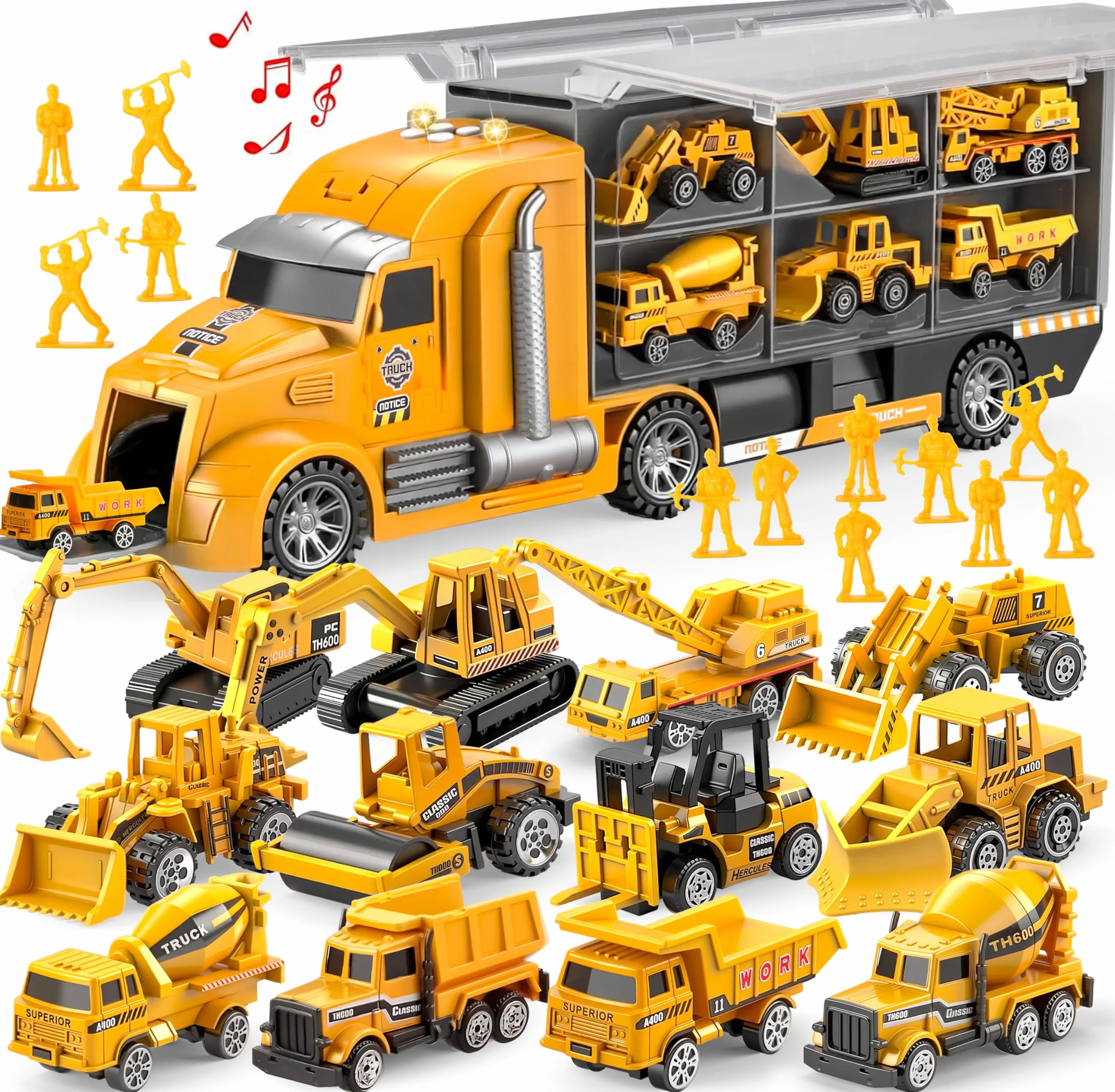 JOYIN 25 en 1 Juego de Juguetes camión de construcción fundidos a presión (Incluye Tractor Excavadora transportadora) con Sonidos y Luces, Regalos de cumpleaños para niños a Partir de 3 años