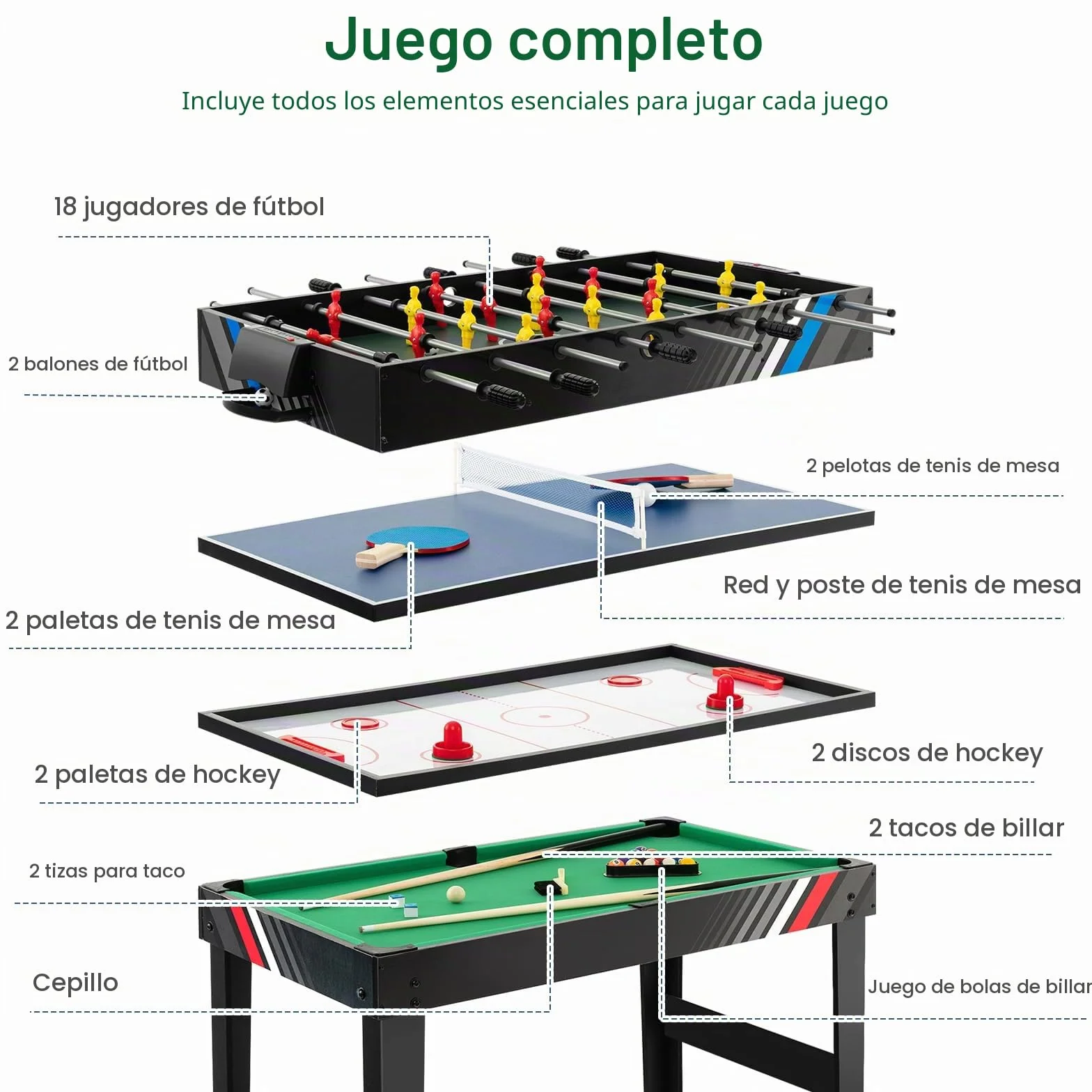 HOMASIS 4 en 1 Mesa Multijuego con Futbolín, Billar, Air Hockey y Ping Pong, Mesa de Juegos de Madera para Niños y Adultos, 125 x 97 x 83 cm, para Fiesta, Bar, Oficina