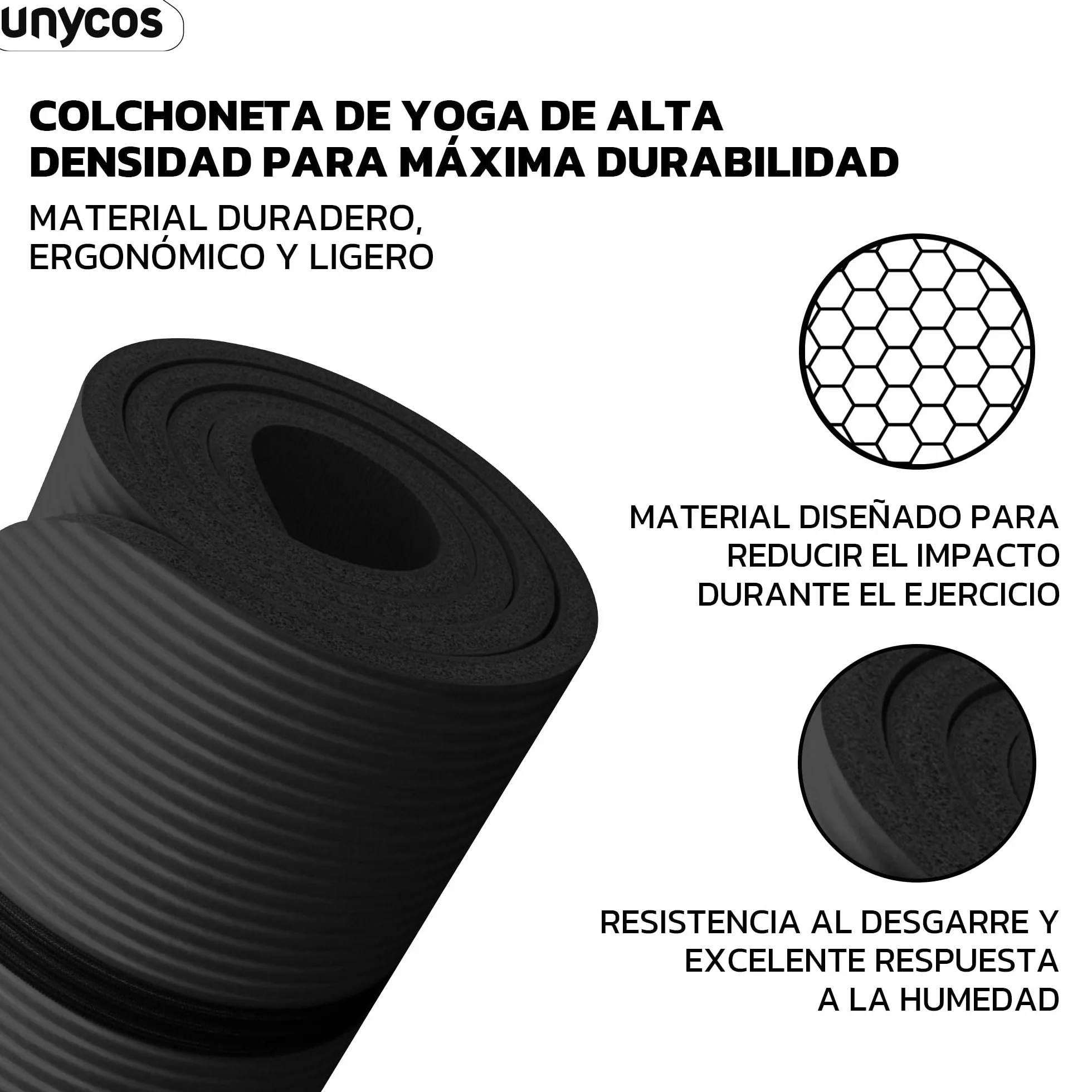 unycos Esterilla de Yoga NBR Poliéster Antideslizante Alta Densidad 10/15 mm Hipoalergénica