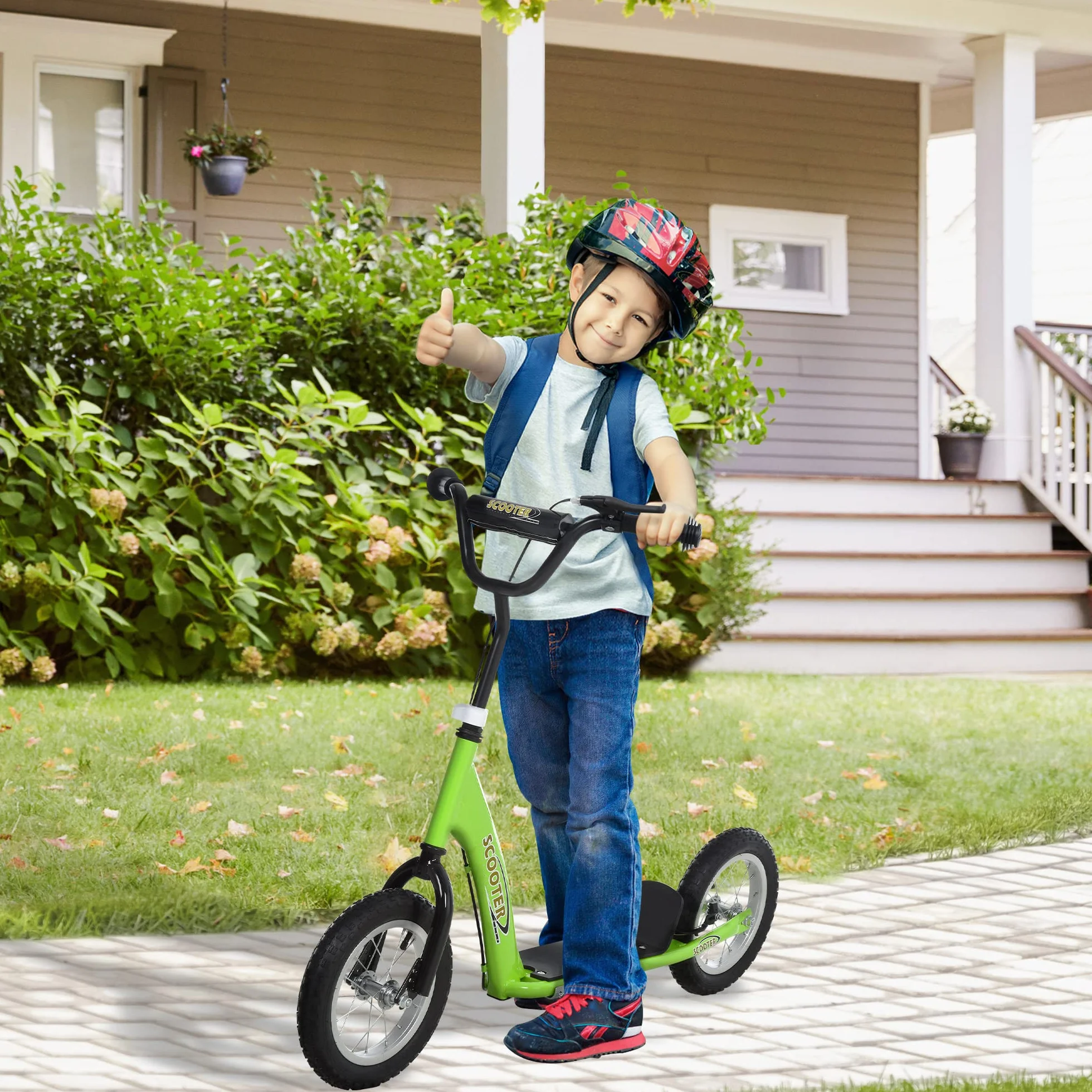 HOMCOM Patinete para Niños Mayores de 5 Años Scooter 2 Neumáticos Inflables de Caucho con Frenos Manillar Ajustable Pedal Antideslizante 117x52x80-85 cm Verde